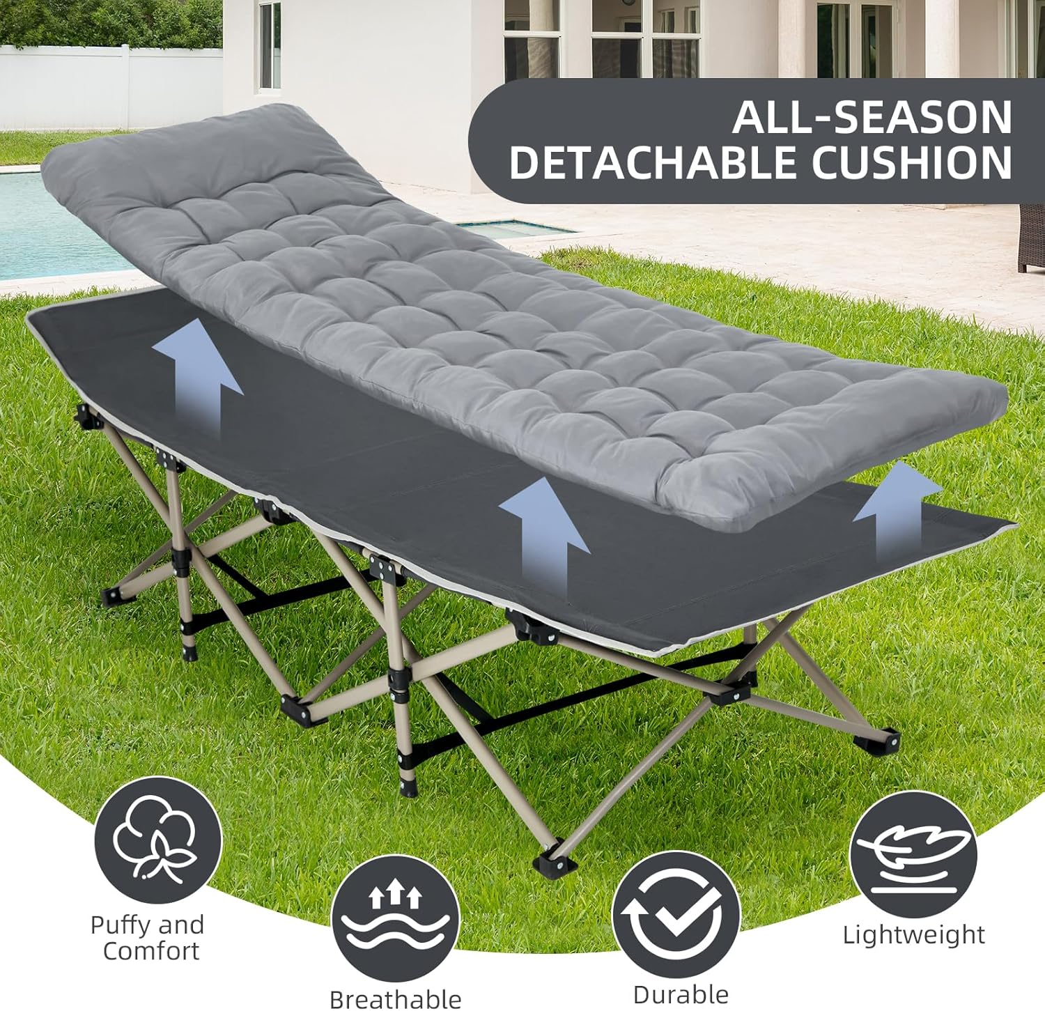 CHENDY Folding Camping Cots for Adults - Most Comfortable, Double Layer Oxford Sturdy Folding Sleeping Cots - Portable with Carry Bag (10 Feet Supports) image number 2