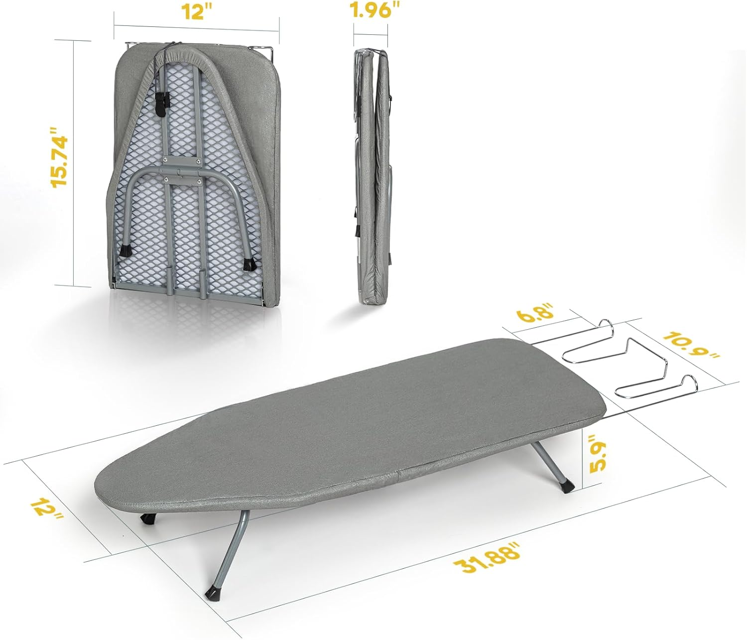 Metal Foldable Tabletop Ironing Board with Iron Rest, Portable Ironing Board Small with Heat Resistant Cotton Cover, RAINHOL Mini Iron Board for Small Space and Travel, 31"X12", Gray image number 3