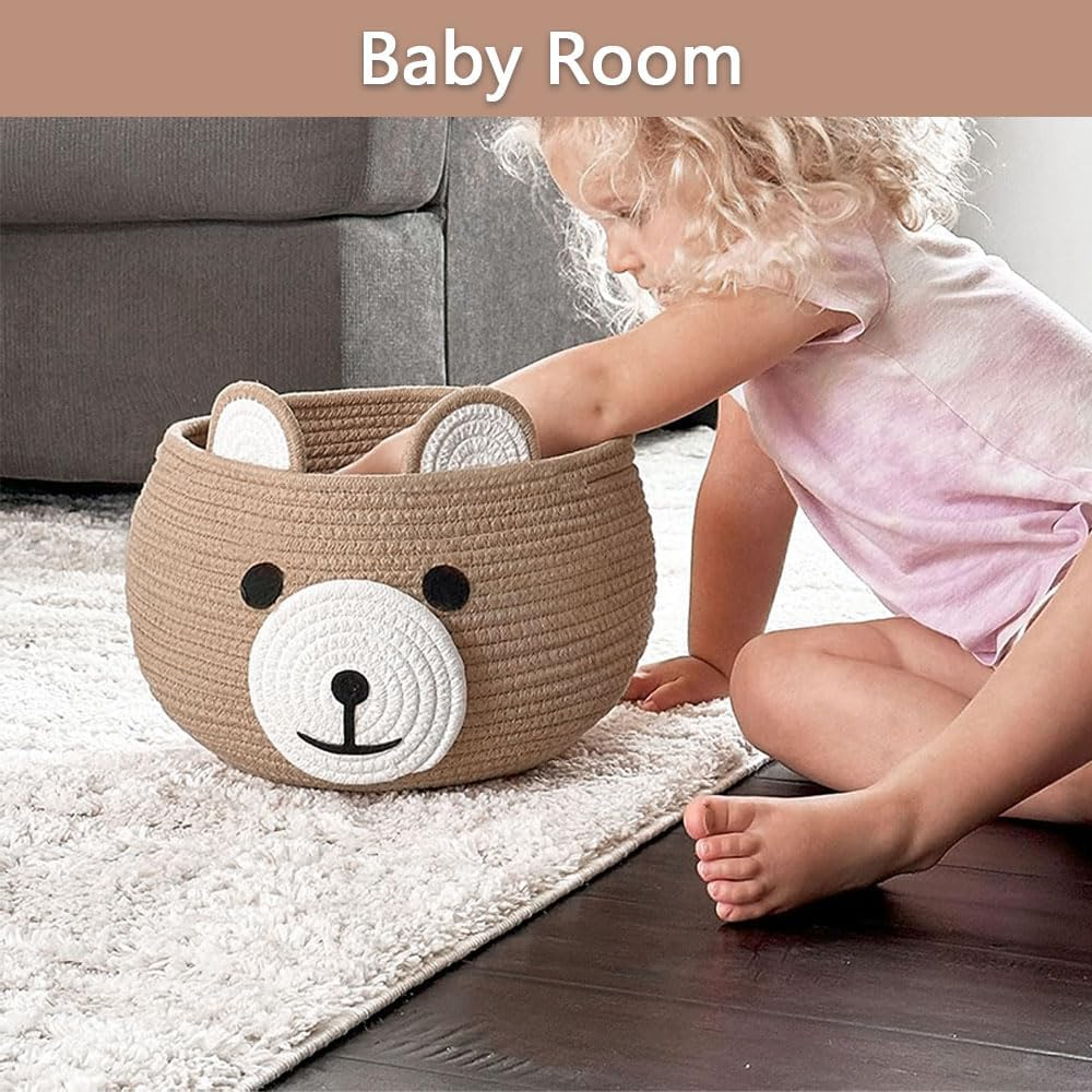 Cotton Rope Baby Basket for Nursery &ndash; Cute Bear Gift Basket for Kids, Small Animal Storage Basket with Handles, Empty Baby Shower Hamper, Khaki image number 4