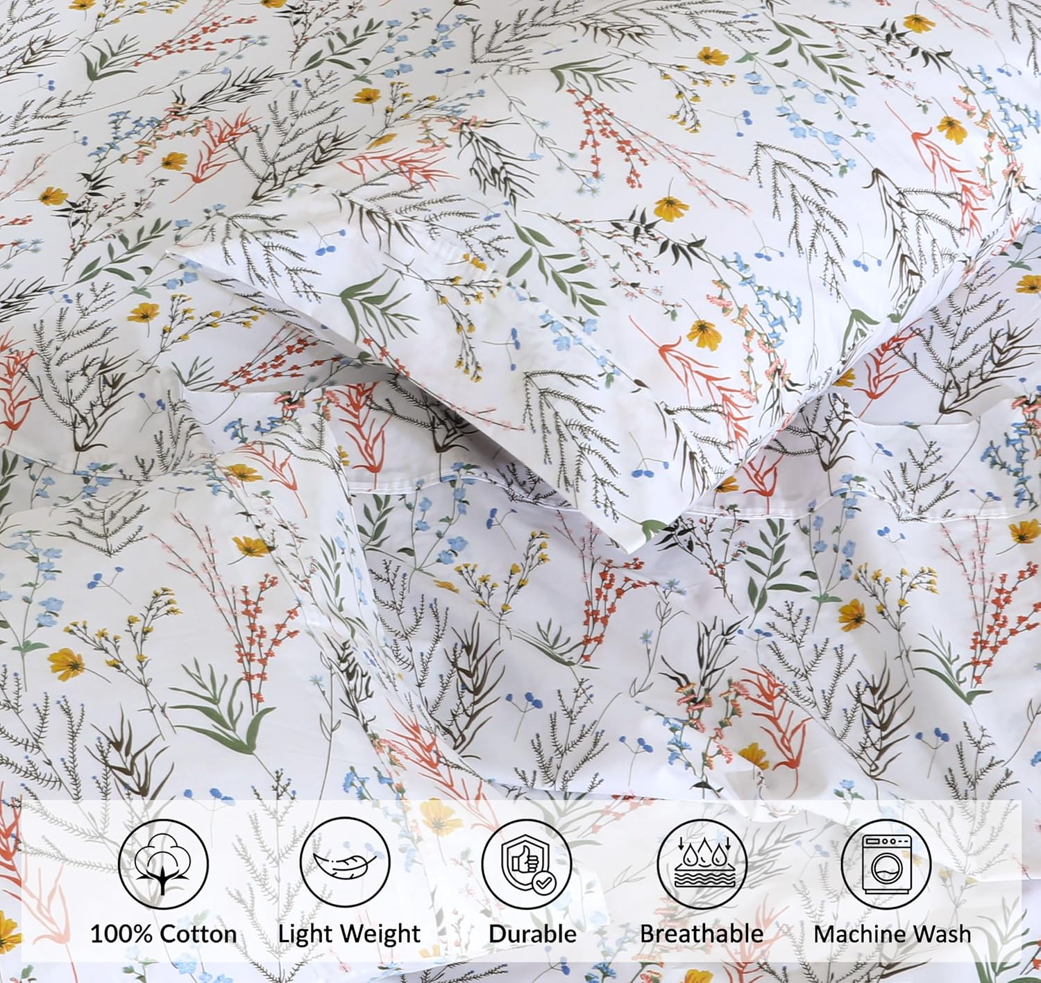 RUVANTI 100% Cotton King Size Sheets Set, 4 Pieces, Soft & Breathable Percale Weave Bedding, Deep Pocket 16", Hotel Standard, Crisp Cool Feel, Durable, Perfect Floral Bed Sheet, Aroma image number 6