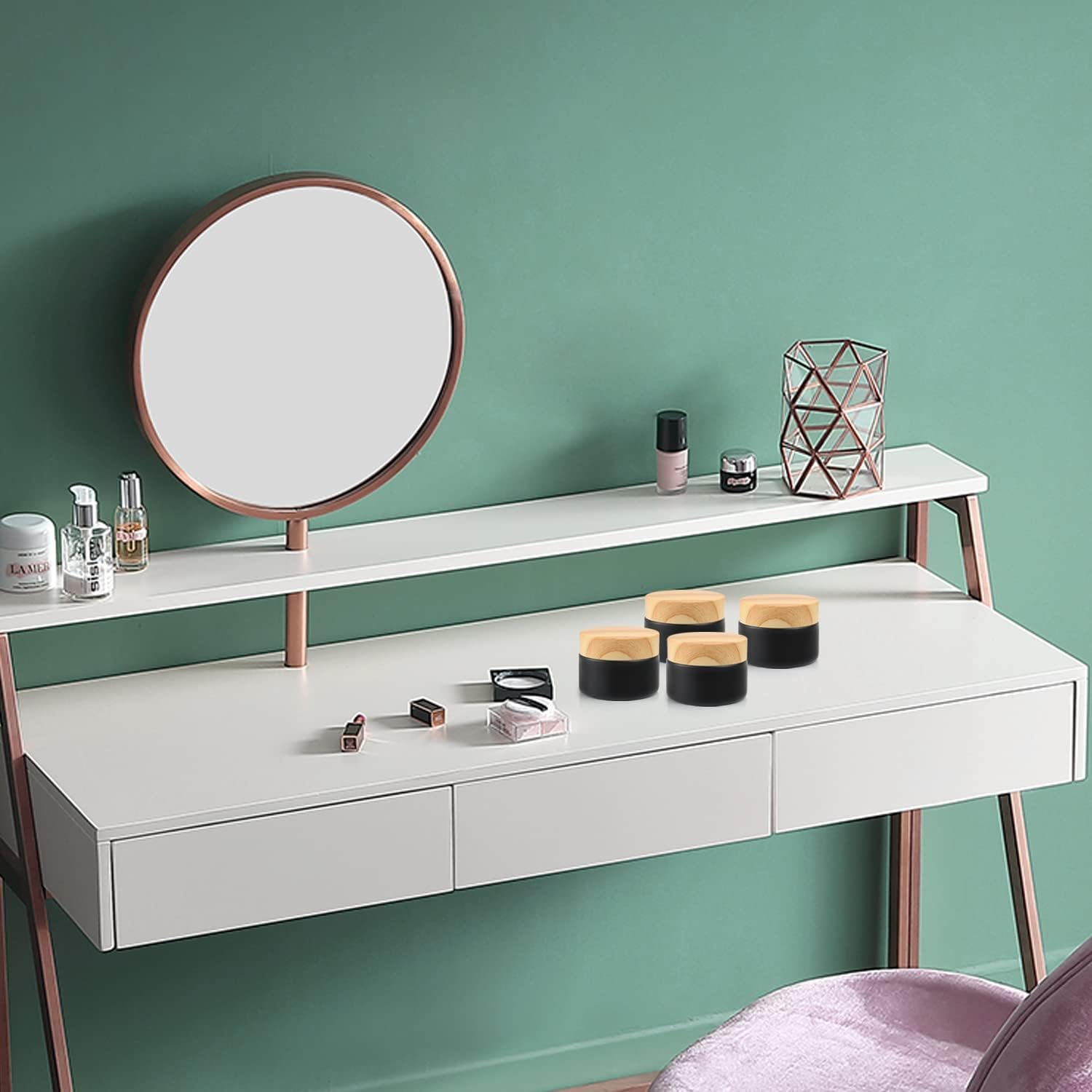 Dmuuudm 12 Pcs 1 Oz Frosted Cream Jar,Empty Refillable Glass Cosmetic Container Jars Holder with Inner Liner,Wood Grain Lid for Moisturizer,Foundation,Lotion,Ointment-Black image number 1