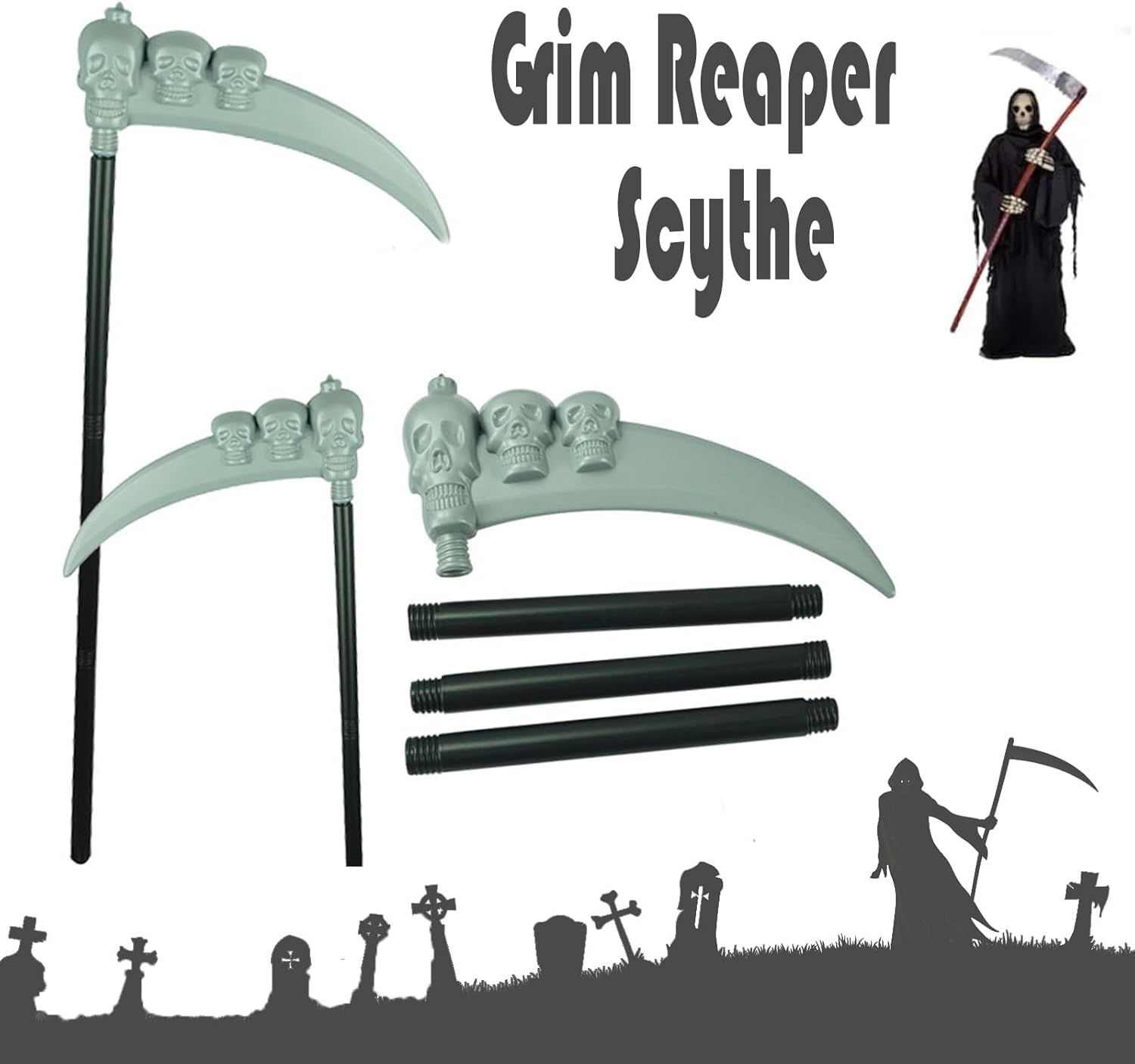 4 Piece Grim Reaper Costume Adult, Black Hooded Cloak Duty Ghost Mask Skeleton Gloves Scythe Vampire Scary Halloween Costume Fancy Dress image number 6