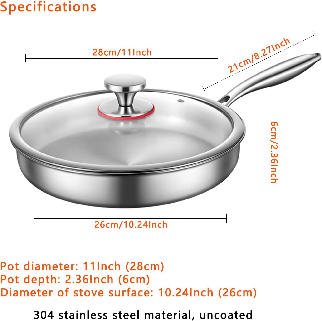 11 Inch (28 Cm) Flat Bottomed Frying Pan, Made of 304 Stainless Steel, Flat Bottomed Pan with Lid,Uncoated（Ptfe & Pfoa-Free）,Compatible with Gas, Electromagnetic, and Electric Stoves