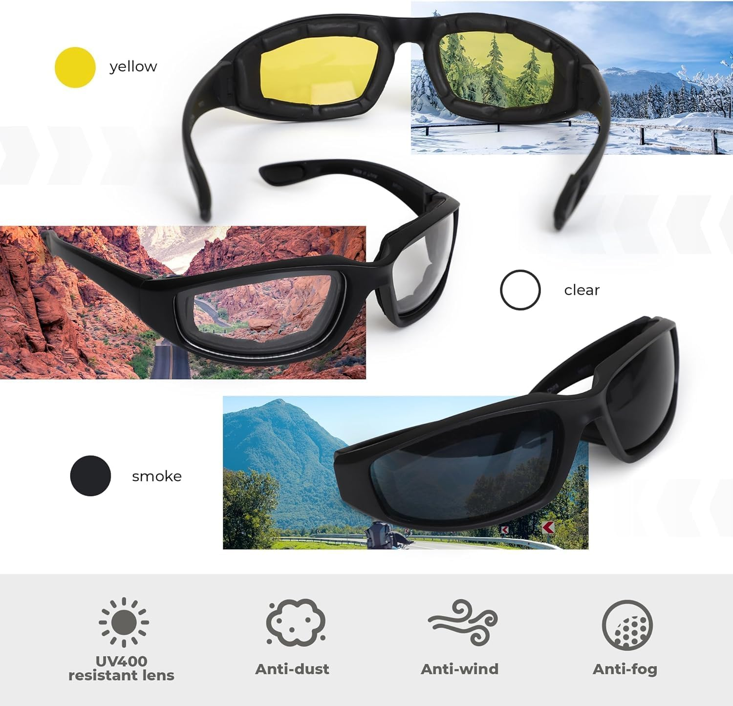 3-Pack Motorcycle Glasses &ndash; Foam Padding &ndash; Anti-Wind & Dust &ndash; Polycarbonate Lens image number 4
