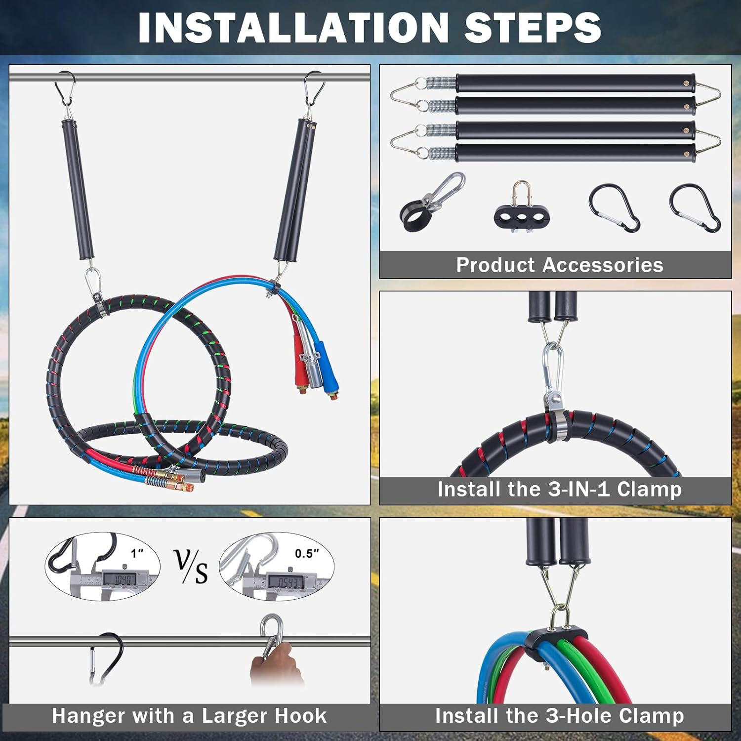 Cheemuii 2PCS 16" Double Tender Spring Kits with 3In1 Hose Holder and 3-Hole Clamp Heavy Duty Trailer Dual Tender Spring for Semi Truck Air Lines Kit with 2 Style Air Line Holders - 16In Single image number 4