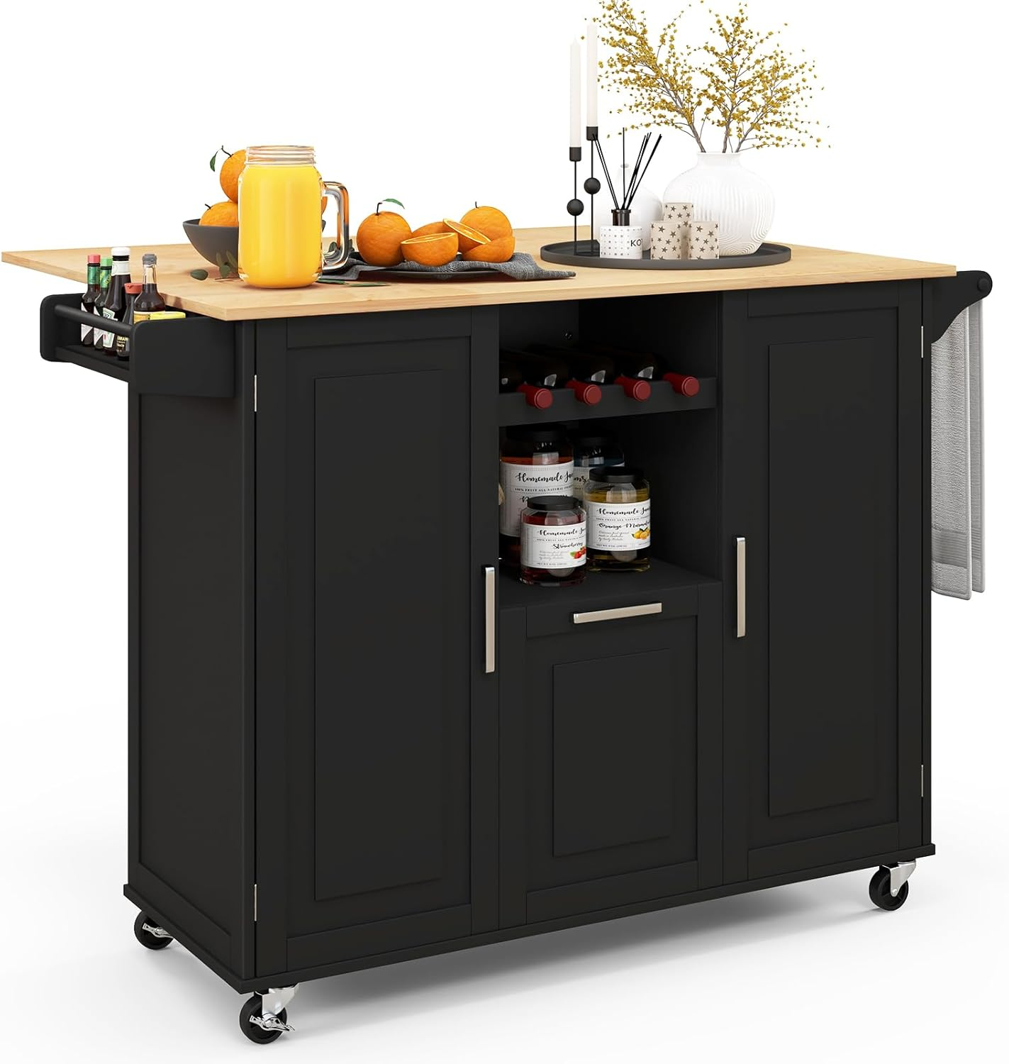 Giantex Rolling Kitchen Island Cart, Large Kitchen Island W/Drop-Leaf Countertop & 4 Rotatable Casters, Kitchen Trolley Cart with Deep Drawer, Open Wine Bottle Rack & Towel Bar (White)