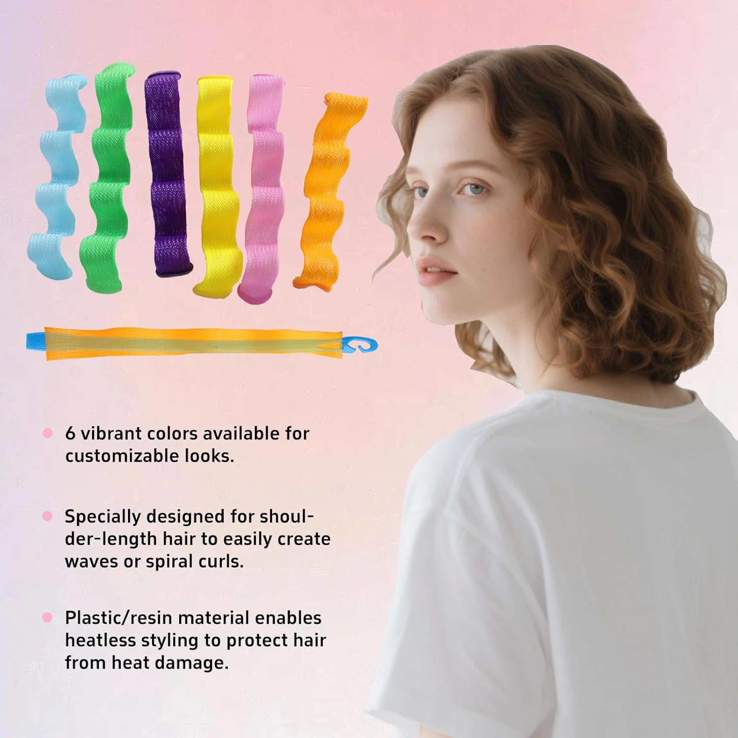 Nhgkju Set of 30 Heatless Hair Rollers - Spiral Wave - 6 Colours (Pink, Orange, Purple, Green, Blue, Yellow) - Ideal for Shoulder Length Hair - No Heat Processing. Includes 2 Styling Rods image number 5