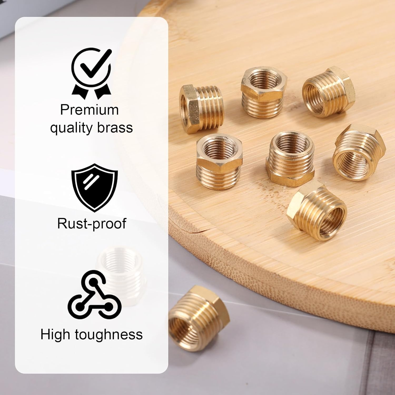 9Pcs Brass Reducer Hex Bushing, 1/4" NPT Male to 1/8" NPT Female Threaded Pipe Fitting Reducer Adapter for Plumbing Hydraulic Gas Applications image number 5