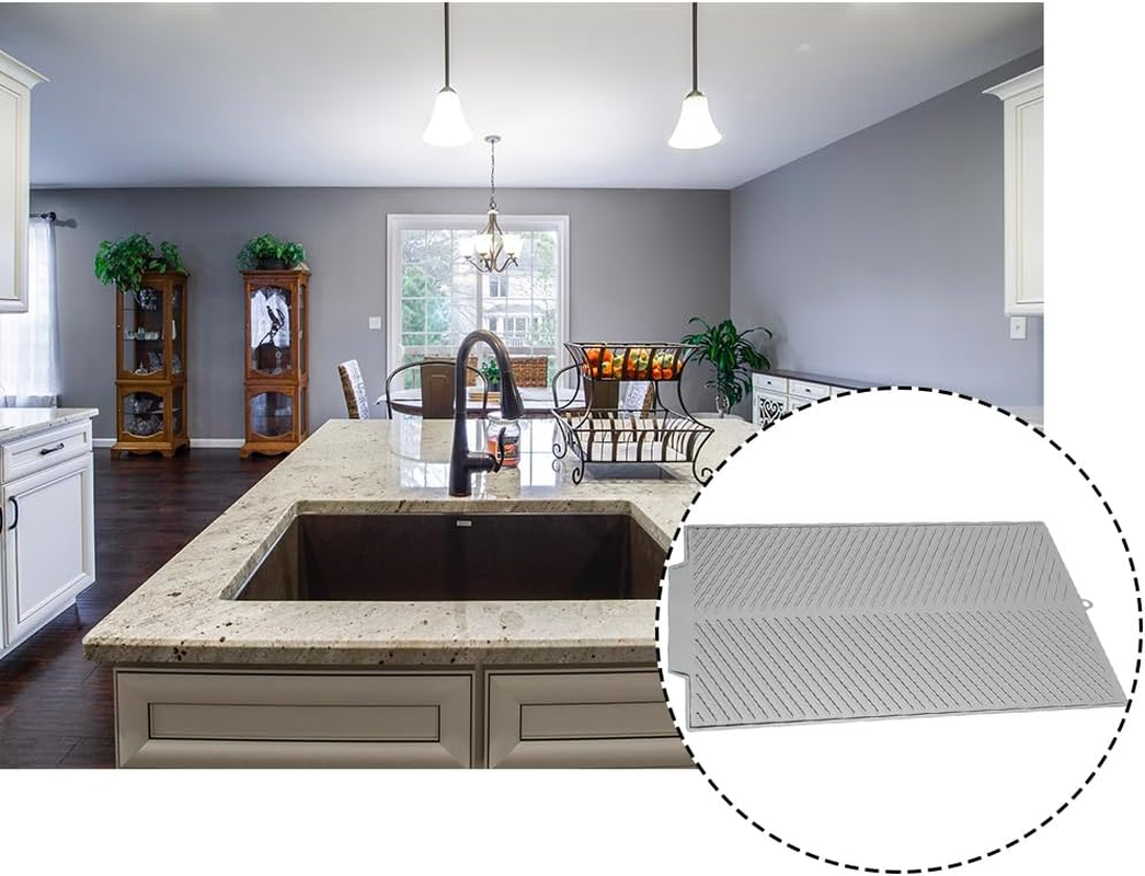 Large Kitchen Counter Dish Mat Silicone Dish Drying Mat with Built-In Drainage Outlet with Hook Drying, Pad Foldable Dish Drainer Mat for Sink Heat-Resistant Quick Dry Easy to Clean (Gray) image number 3