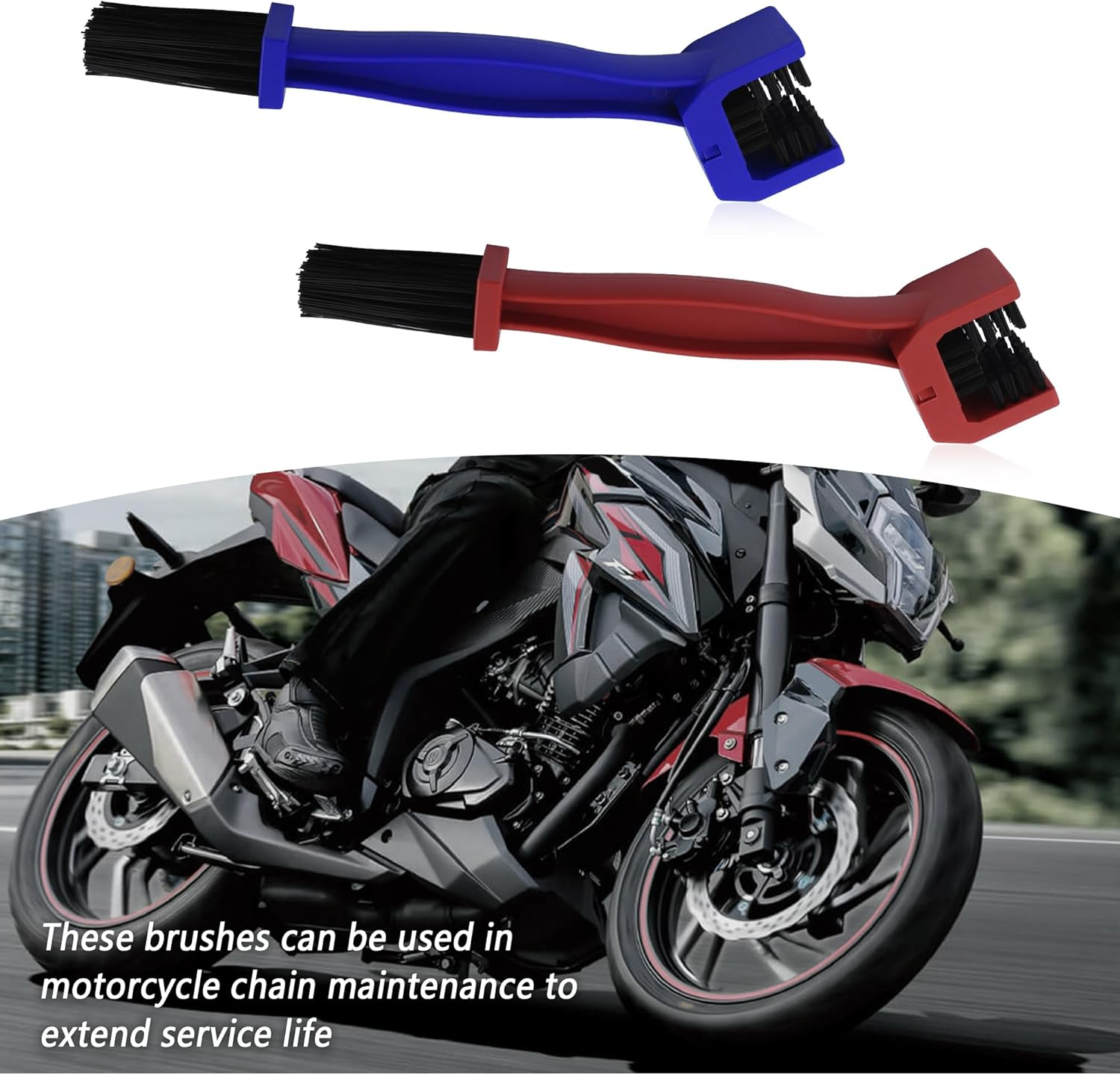 2PCS Motorcycle Chain Brush,Double-Ended Motorcycle Chain Cleaner with Three-Sided and Long Bristles,Universal Motorcycle Chain Cleaning Kit for Motorcycle Bicycle Mountain Bike (1 Red + 1 Blue) image number 1