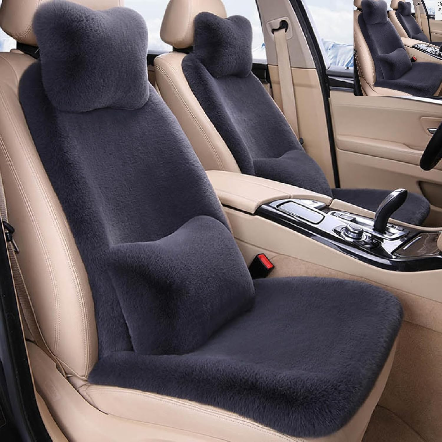 Car Seat Covers Fluffy Fuzzy Cuchion with Car Headrest & Lumbar Support Cushion, 4Pcs Universal Soft Cozy Fur Plush Seat Cushion Interior Accessories for Car Suvs RV (Off-White)