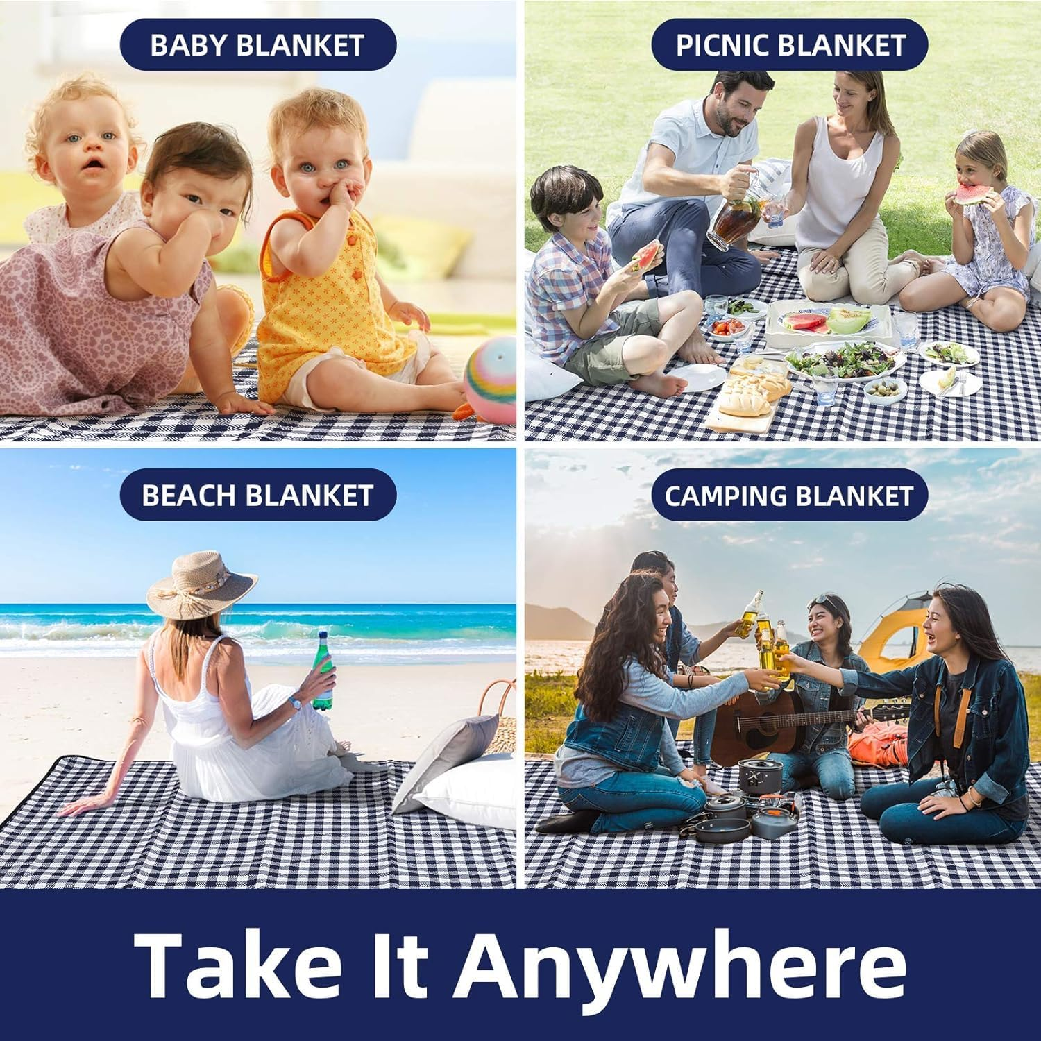 Waterproof Foldable Picnic Blanket, Large 200X150Cm Sandless Beach Picnic Blanket with Carrier Straps, Foldable Portable Handy Picnic Mat for Travel Camping Hiking Festival Park Lawn (Dark Blue) image number 2