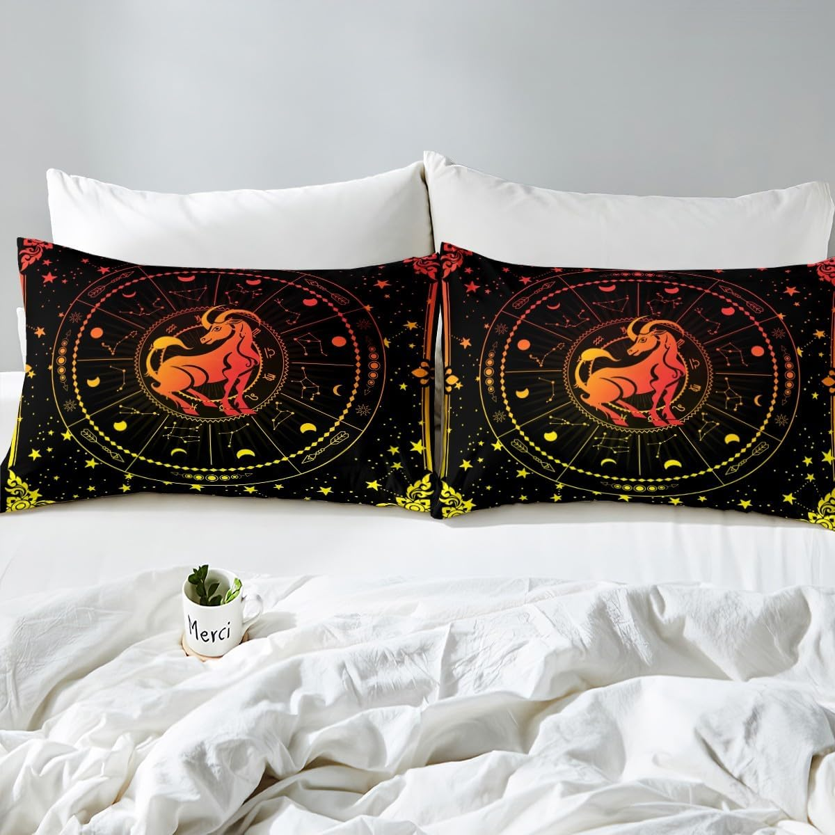 Homewish Capricorn Duvet Cover 155 X 220 Cm for Adults, Psychedelic Zodiac Sign Bedding Set, Constellations Sky Comforter Cover, Galaxy Stars Bed Set, Red Yellow image number 5