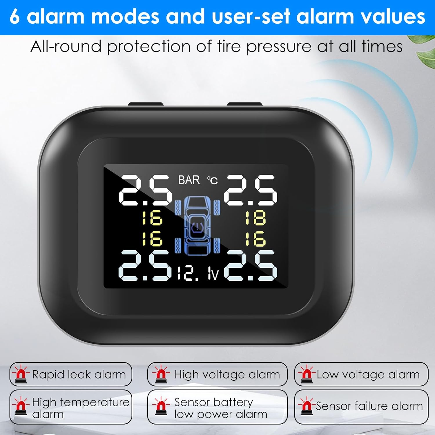 Tire Pressure Monitoring System TPMS Wireless Real-Time Tire Pressure Monitor System with 4 External Sensors and 6 Alarm Modes Adjustable Display Angle Tire Pressure Monitor for Car(Black) image number 1