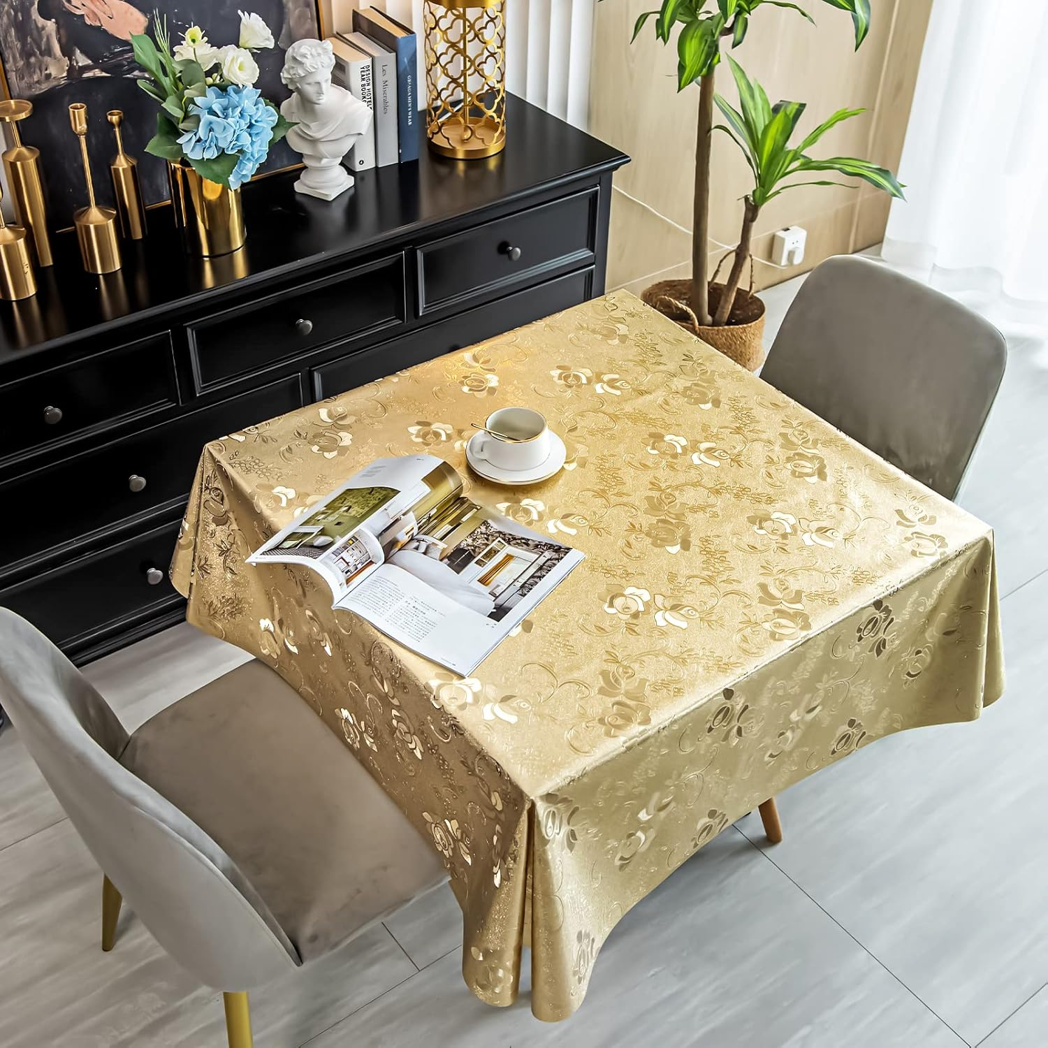 Jacquard Tablecloth, FHDUSRYO PVC Floral Pattern round Table Cloth, Waterproof Wipeable Magnolia Table Cover, Oil-Proof Table Protector for Kitchen, Dinning Room, Party (Gold, 140X140 Cm) image number 5