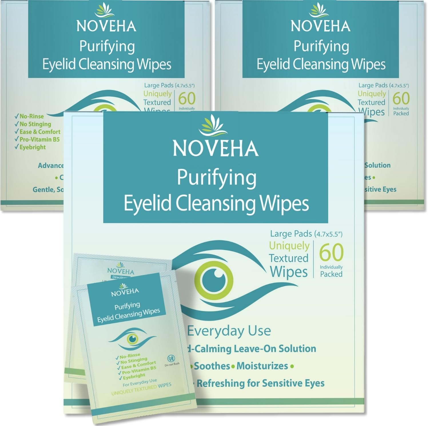 NOVEHA 180Pcs Eyelid & Lash Wipes | for Itchy, Dry Eyes, Styes & Blepharitis | Gentle Refreshing Eye Scrub Cleansing Wipes, Hypoallergenic & Soothing for Sensitive Eyes | Vegan Face Moisturizer image number 3