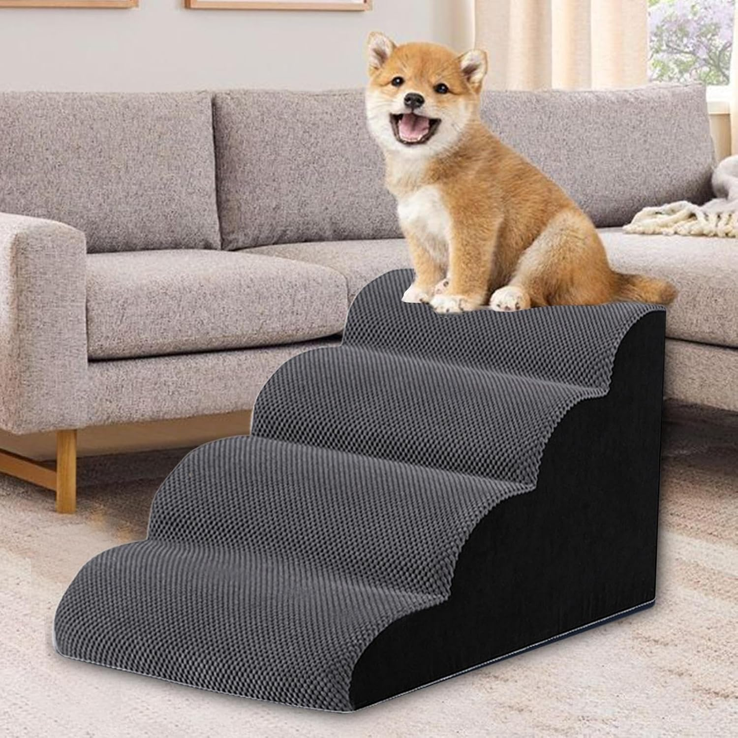 Dog Stairs,High Density Foam 4 Tiers Dog Steps - High Density Foam Washable Cat Ladder Waterproof Pet Ramp for Indoor Bedroom Sofa image number 6