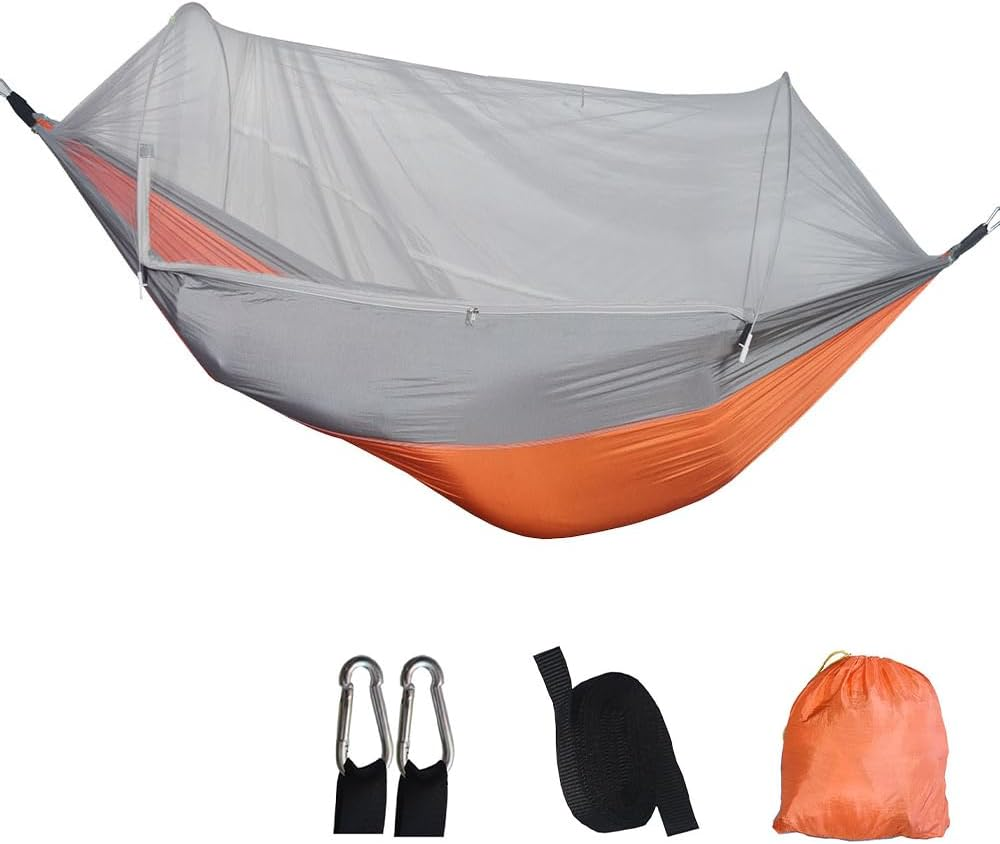 Travel Camping Hammock with Mosquito Net, Outdoor Double Hammock, Automatically Expand Portable Hammocks, Camping Gear for Hiking Beach Backpack Travel, Grey & Orange image number 2