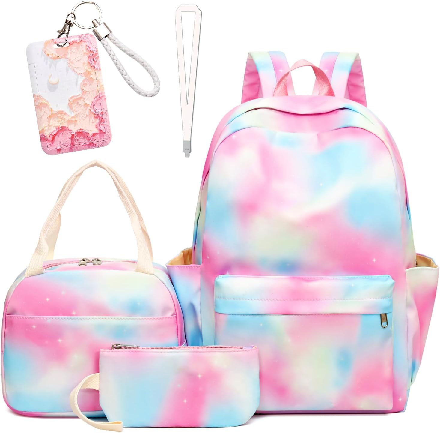 WOTOW Kids Backpack for Girls, Waterproof Large Capacity Schoolbags with Lunch Bag, Pencil Pouch & Card Case, Cute Stationery Set for Children Teens Kindergarten to Middle School