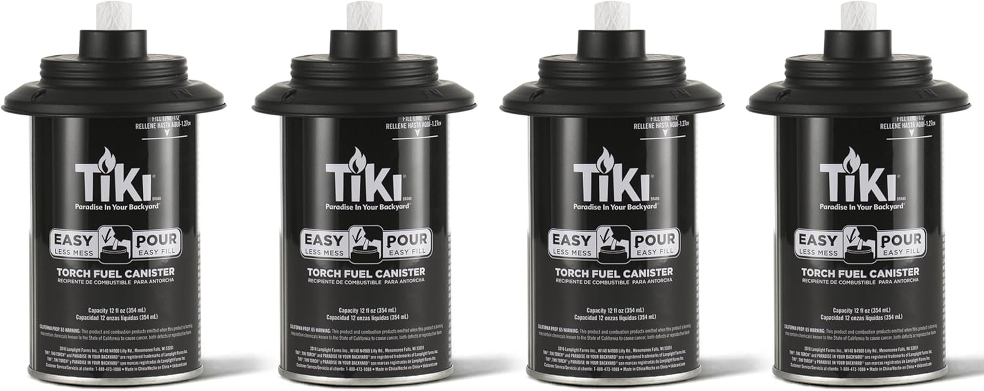TIKI Torch Replacement Canister Set of 4 &ndash; Refillable Metal Torch Fuel Canisters with Easy Pour System, 12 Oz &ndash; Weather-Resistant Outdoor Lighting Accessories for Patio, Garden & Deck
