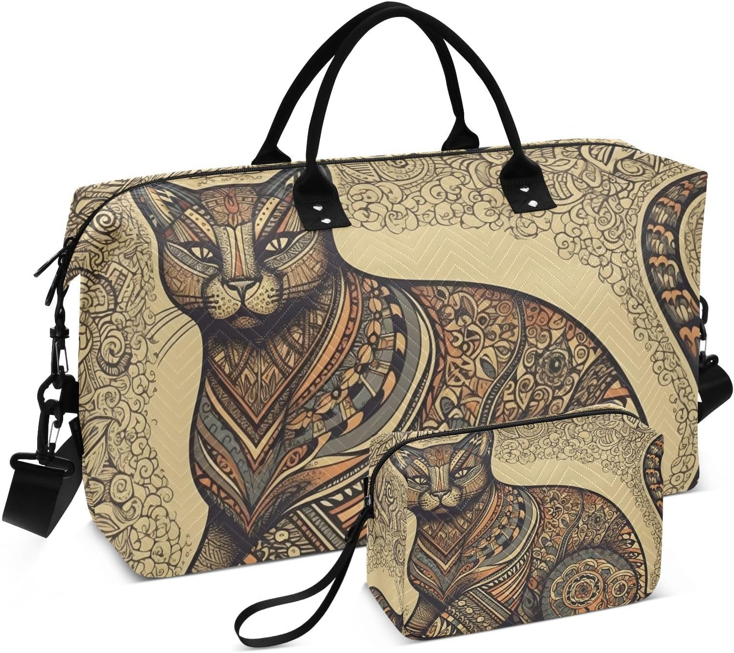 WOIWB Duffel Bag Set with Toiletry Bag for Travel Gym Sport, Luggage Sleeve Weekender Bag Carry on Overnight Bag-Tribal Pattern Cat Print, Multicolor, 20.5 X 7.9 X 13.8 Inches+9.1 X 3.5 X 5.9 Inches