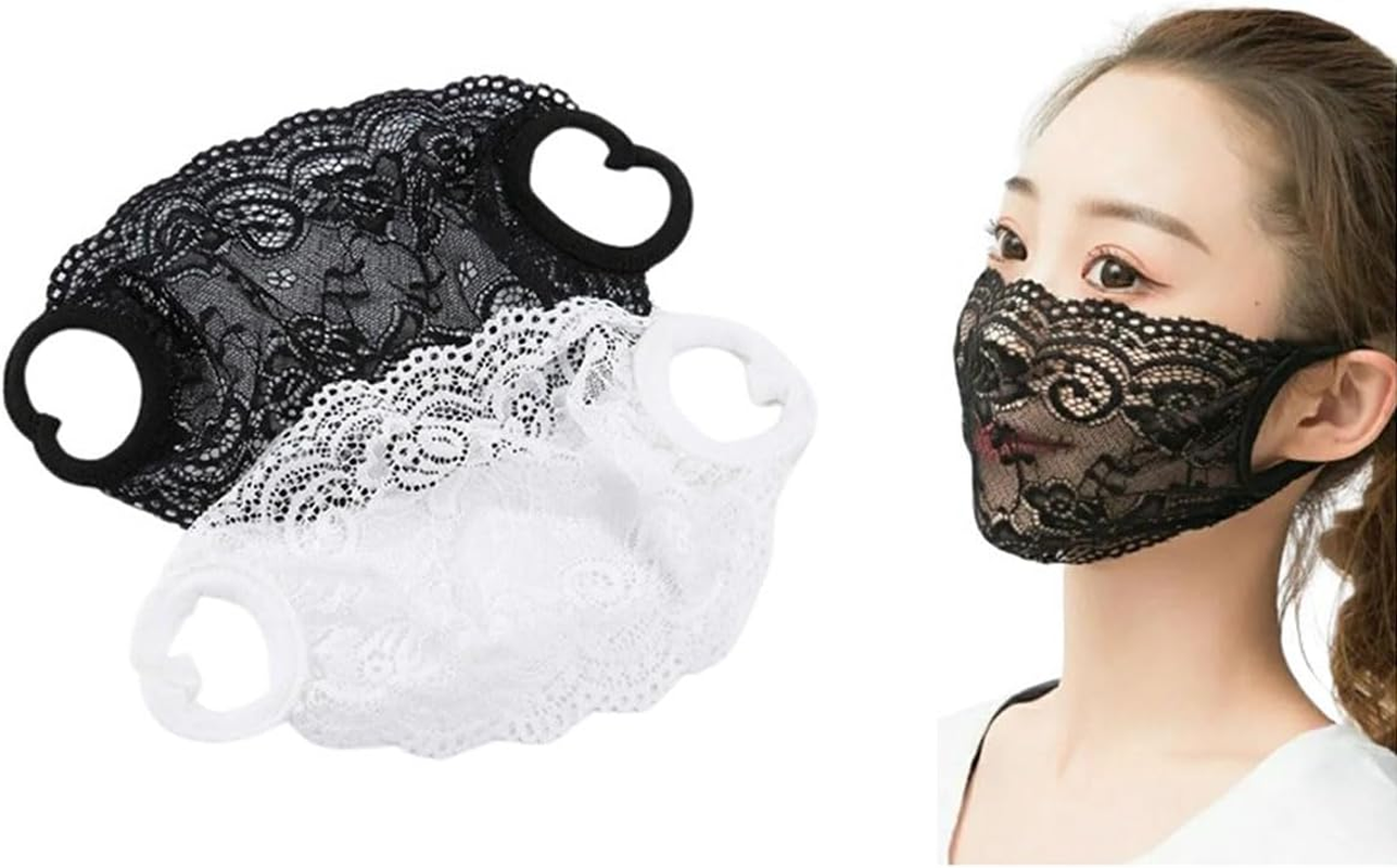 Deahea 2 Pack Single Layer Lace Mask Sunscreen Masks Mesh Hollow Face Shield Mask Half Face Cover Travel Mask for Women and Girls(Black+White) image number 4