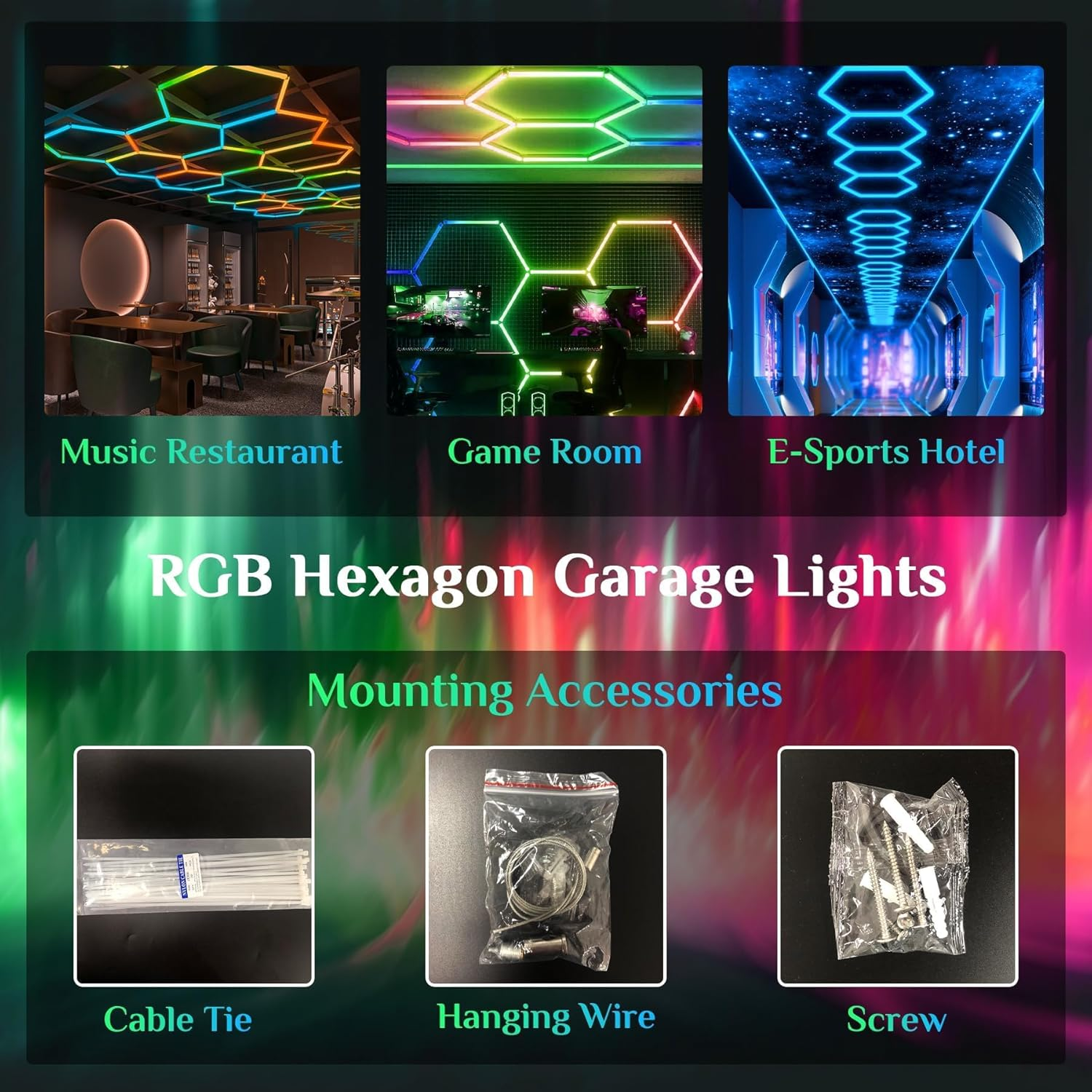 Partsable RGB Hexagon Lights - Garage LED, Lighting with Music Mode, 358 Kinds of Changes, Honeycomb LED for Gym Bar Gaming Room Garage Lighting Basement Decor(5 PCS)