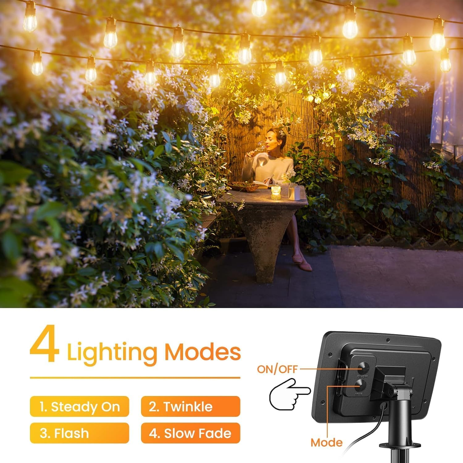 Quntis Solar Festoon Lights Outdoor, 15M Usb-C&Solar Powered String Lights with 15+1 Bulbs, IP65 Waterproof Shatterproof &Auto On/Off Led Lights for Patio Backyard Balcony Gazebo Party, Warm White image number 2
