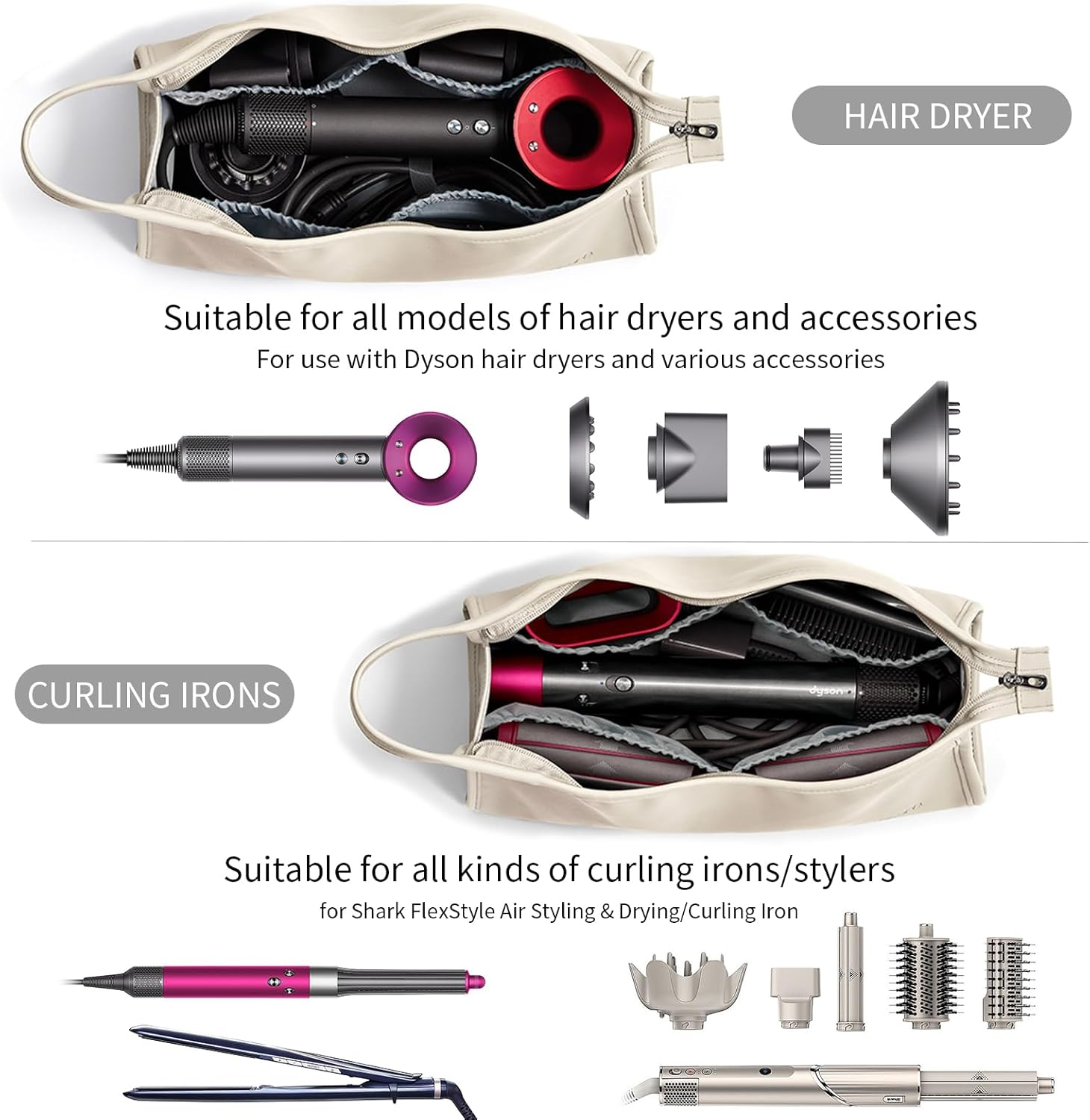 Veki PU Leather Travel Case for Airwrap Styler, Portable Travel Storage Bag for Shark Flexstyle Air Styling & Drying System, Waterproof Carrying Case Organizer Airwrap Styler and Attachments, Beige, - Black image number 2