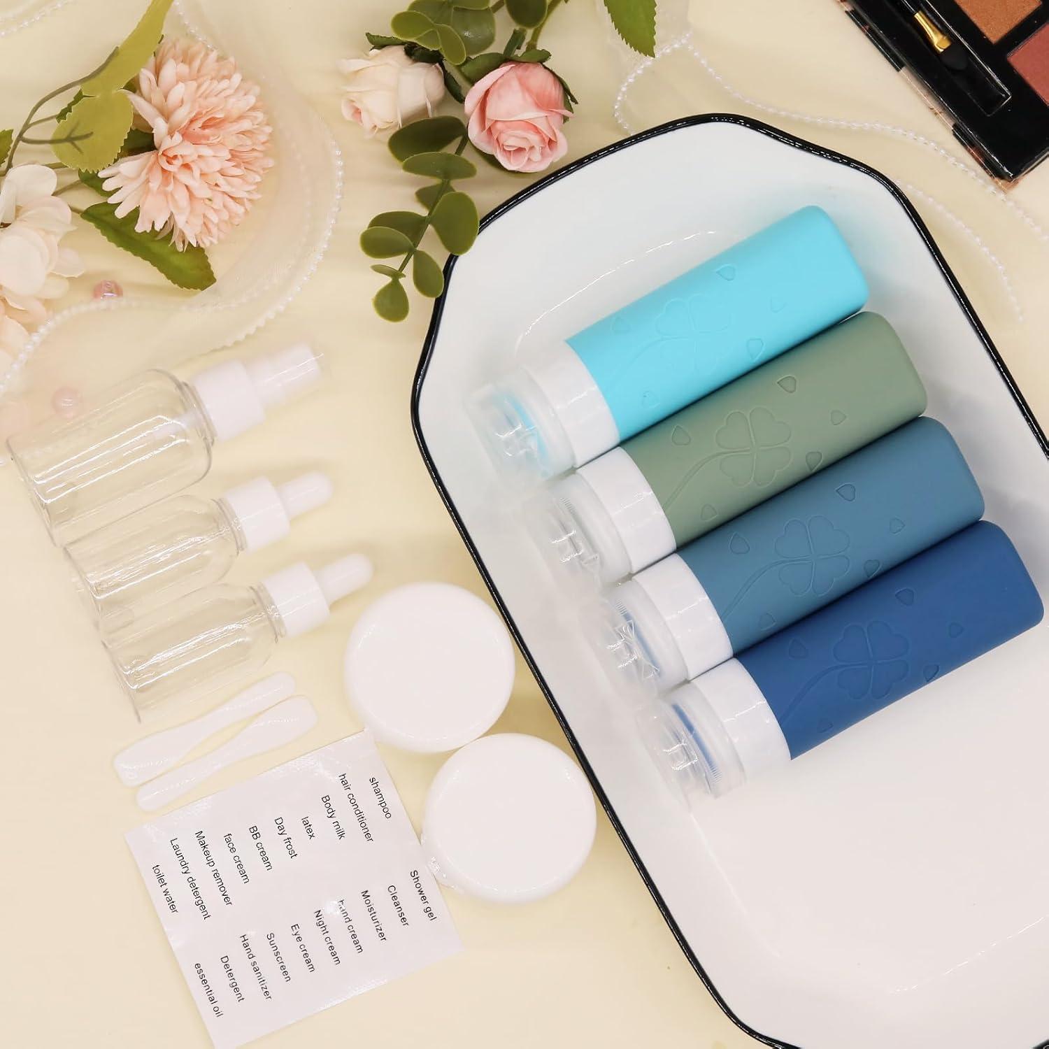 Travel Bottles Set for Toiletries, TSA Approved Travel Size Containers with Cream Jars, Airplane Travel Essentials Leak Proof Silicone Travel Bottles for Shampoo Conditioner Lotion Cream - Blue image number 2