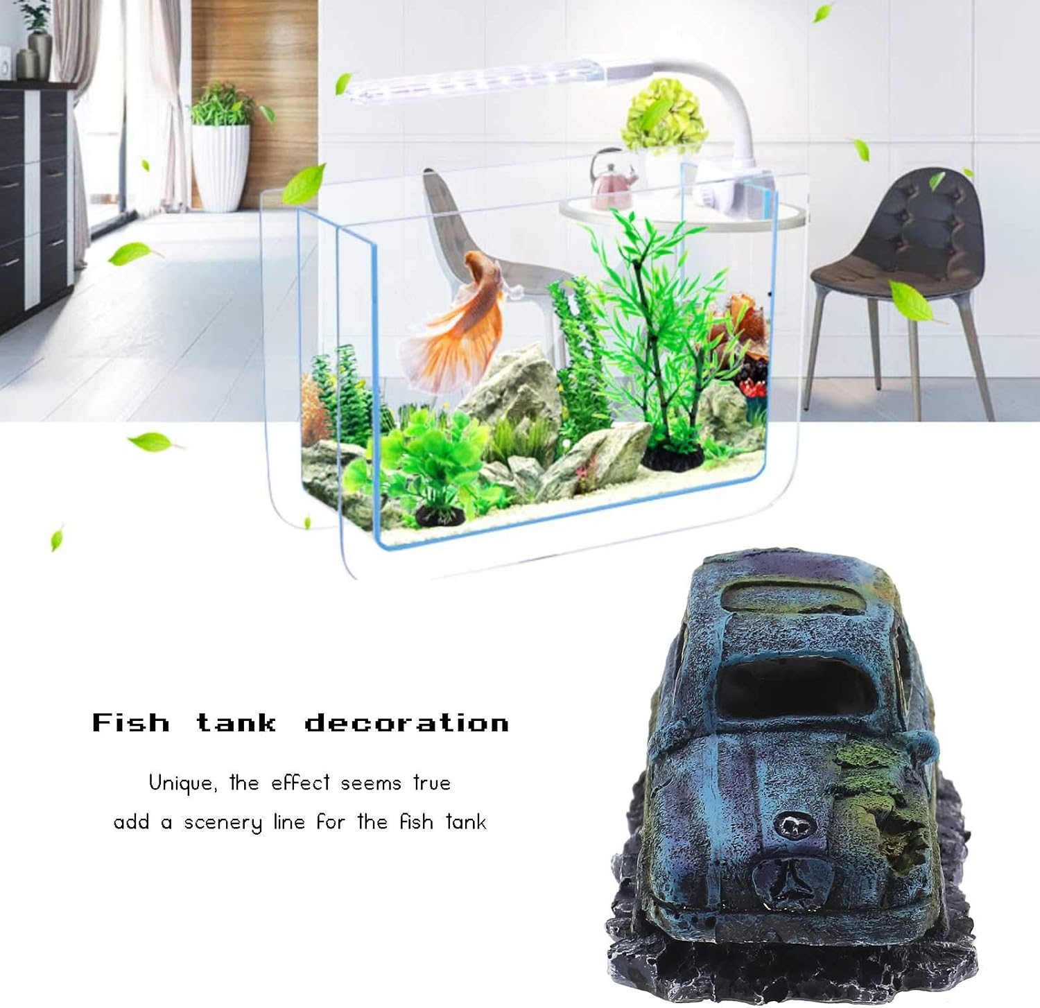 Create Idea Aquarium Fish Tank Decor Ornament Resin Imitation Accident Car Landscape Terrarium Home Interior Decorating Accessories 12X7X7Cm Blue