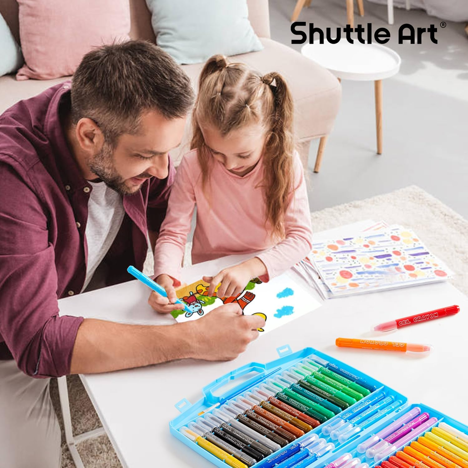 Shuttle Art Gel Crayons for Toddlers, 48 Colours Non-Toxic Crayons Set with 1 Brush and Foldable Case for Kids Children Colouring, Crayon-Pastel-Watercolour Effect, Ideal for Paper image number 4