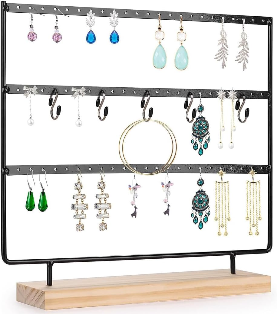 Earring Holder Jewelry Display Stands, 3-Tier 72 Holes Earring Organizer Stand Jewelry Holder Organizer Wooden Base Women'S Jewelry Tower Home and Office Decor for Hanging Earrings (Black)
