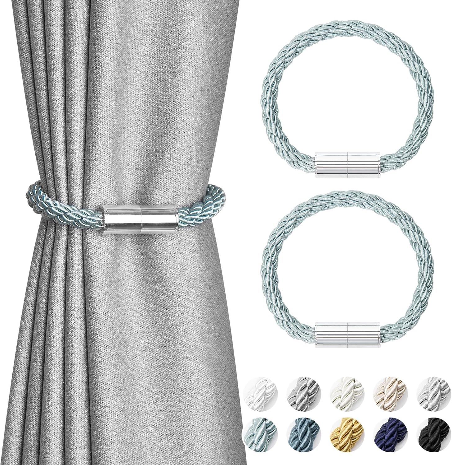 Pretty Jolly 2 Pack Mini Magnetic Curtain Tiebacks Modern Simple Style Drape Tie Backs Elegant Decorative Weave Rope Curtain Holdbacks for Home & Office Thin Window Draperies (Black)