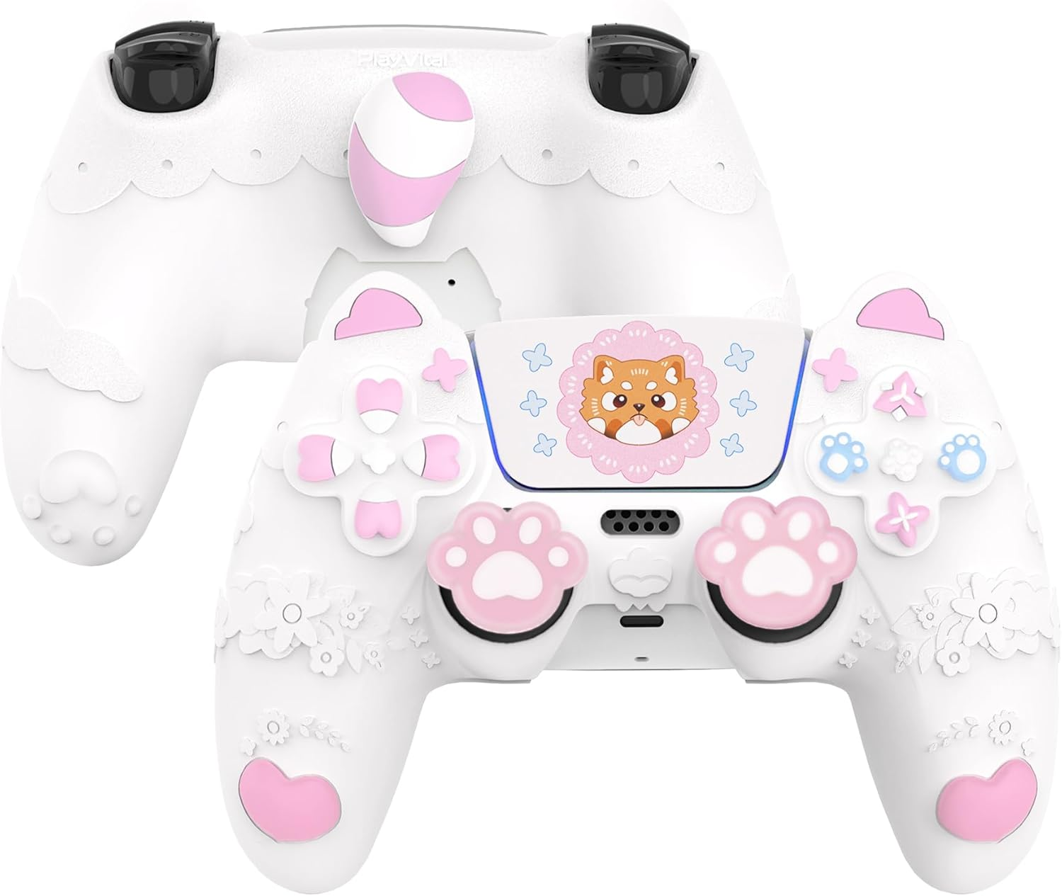 Playvital Cute Spring Lesser Panda Silicone Cover for Ps5 Controller with Joystick Cap and Sticker, Anti-Grip Shockproof Skin, Compatible with Charging Station, White image number 4