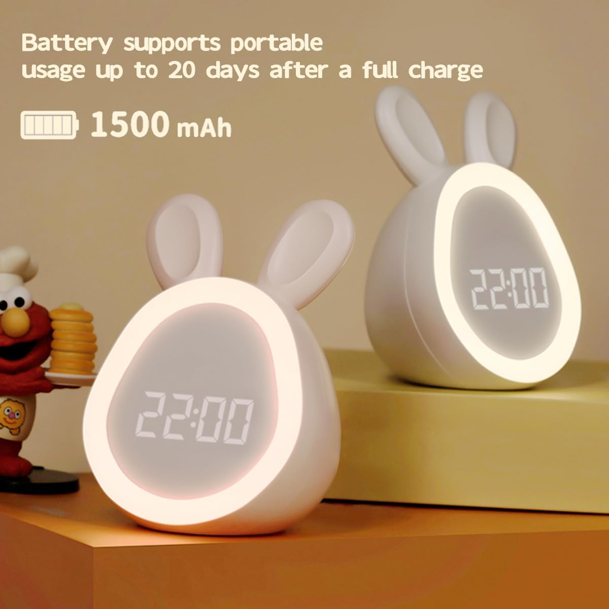 Bunny Alarm Clock Night Light for Kids with Temperature Brightness Adjustable and Time Display, Rechargeable, Timing Function, Non-Flickering Eye-Caring LED Warm Light (Light Pink) image number 3