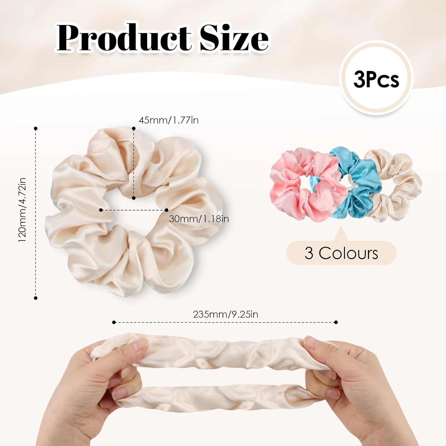 Glasflength Hair Bobbles Silk Scrunchies, Pack of 3 Silk Hair Rings Soft Elastic Silk Hair Bobbles Hair Gentle Silk Scrunchies for Women and Girls Hair Accessories (Pink + Sky Blue + Champagne) image number 4