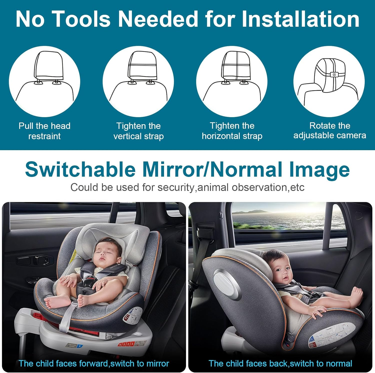 Dohonest Baby Car Camera 7-Inch: USB Plug and Play Easy Setup 360&deg; Rotating Backseat Dual Camera Two Kids HD 1080P Rear Facing Car Seat Camera Clear Night Vision -V9 image number 5