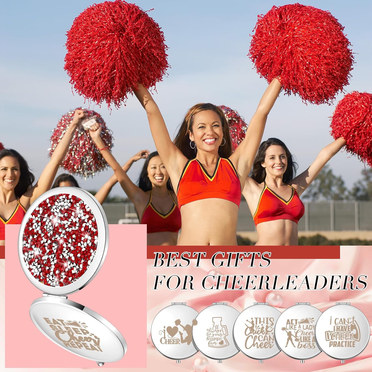 Sintuff 12 Pcs Cheer Gifts for Cheerleaders Cheerleading Compact Mirror Bulk Cheer for Coach Cheerleader Gifts Folding Pocket Cosmetic Purse Mirror for Cheer Team Mirror Accessories (Red, Silver) - Red, Silver image number 6