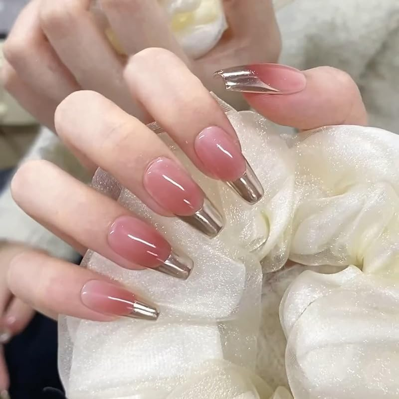 Press on Nails Medium Length Coffin French Nails, Light Purple Red Ombre Artificial Nails Fingernails for Gluing, Artificial Nails, Fake Nails, Glue Nails Set, Acrylic Nail Tips, Women'S Nail