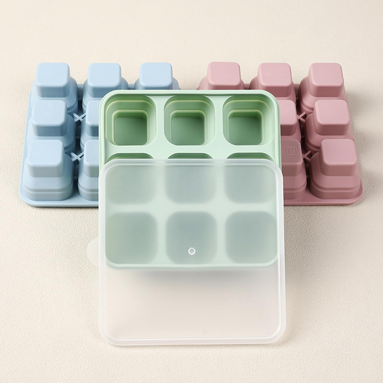 Foldable Silicone Ice Cube Trays with Lids - 3 Pack, Bpa-Free Stackable Ice Trays for Freezer, 27 Large Cubes for Cocktails, Baby Food & Coffee (Pink/Green/Blue) image number 5