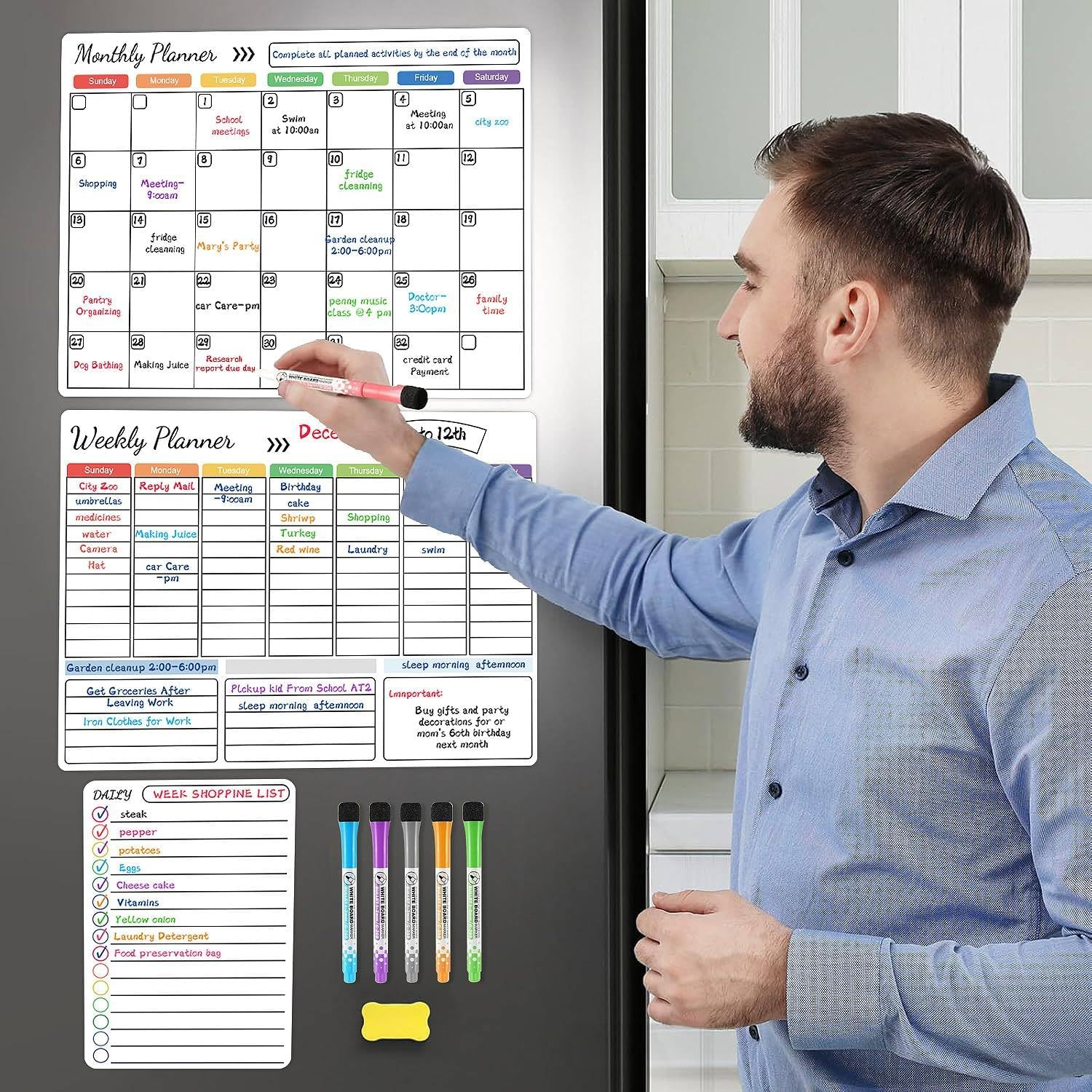 3Pcs Magnetic Dry Erase Calendar for Refrigerator - Daily, Weekly and Monthly Whiteboard Calendar for Fridge, No Stains or Ghosts - White Board Planner, 6 Magnetic Dry Erase Markers and Large Eraser - White image number 5