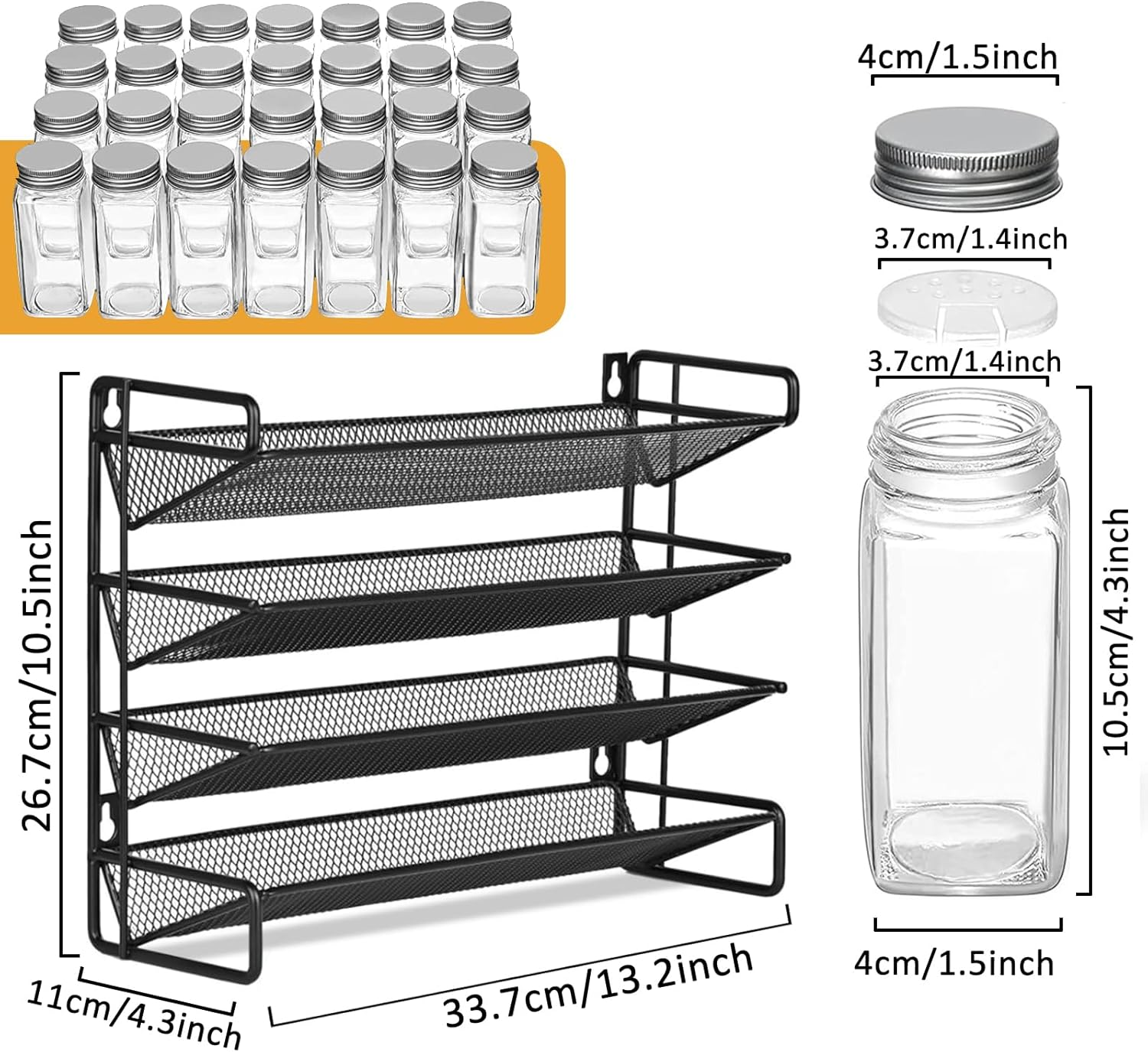 UPAUS Spice Rack Organizer with 28 Spice Jars, 180 Spice Labels, Chalk Marker, Bottle Brush and Funnel Set for Cabinet, Countertop, Pantry, Cupboard or Door & Wall Mount, 4 Tier, 34.5Cm W &times; 26.7Cm H image number 5