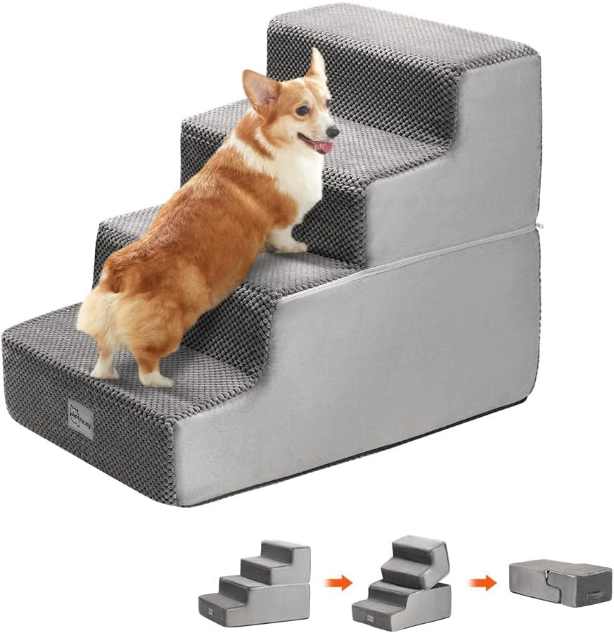 Petzly Dog Stairs for Bed, 4-Step 46CM Height Dog Steps for Small Dogs and Cats, High Density Foam Spliceable Pet Ramp, Non-Slip Balanced Dog Ramp Indoor, Grey image number 6
