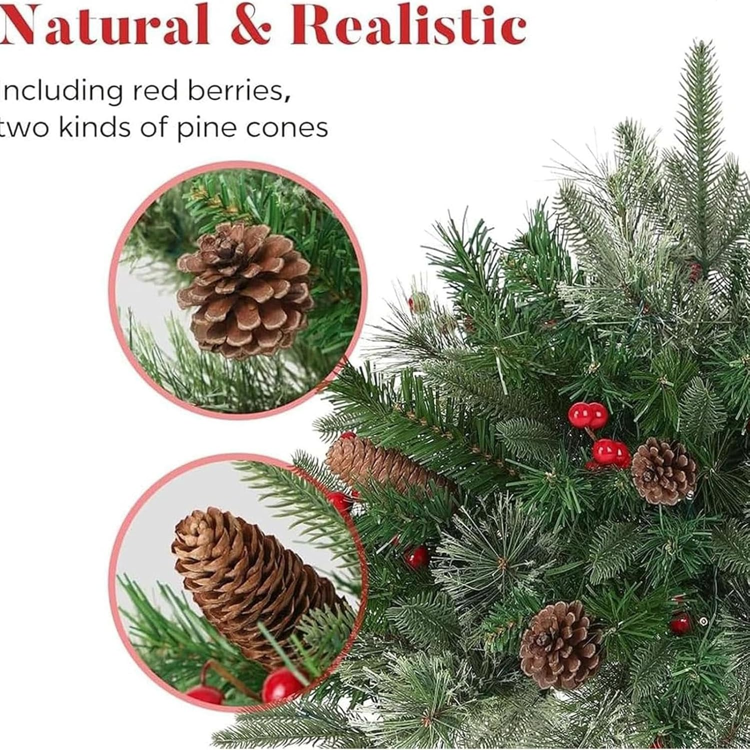 Decorative Christmas Pine Tree, Outdoor Lighted Faux Yard Tree with 8 Lighting Modes, Realistic Christmas Tree with Cones and Red Berries for Home Patio image number 6