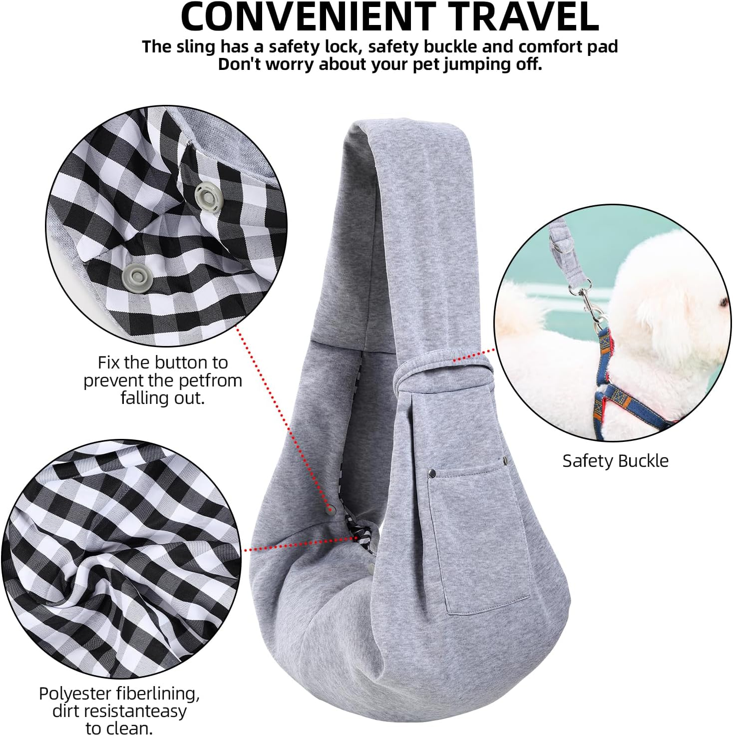 Dog Carrier Sling - Reversible Puppy Carrier Purse with Storage Pocket, Hand-Free Dog Sling Carrier for Carry Small Dogs and Cats, Travel Safety Harness, Dog and Cat Harness(Gray) image number 1