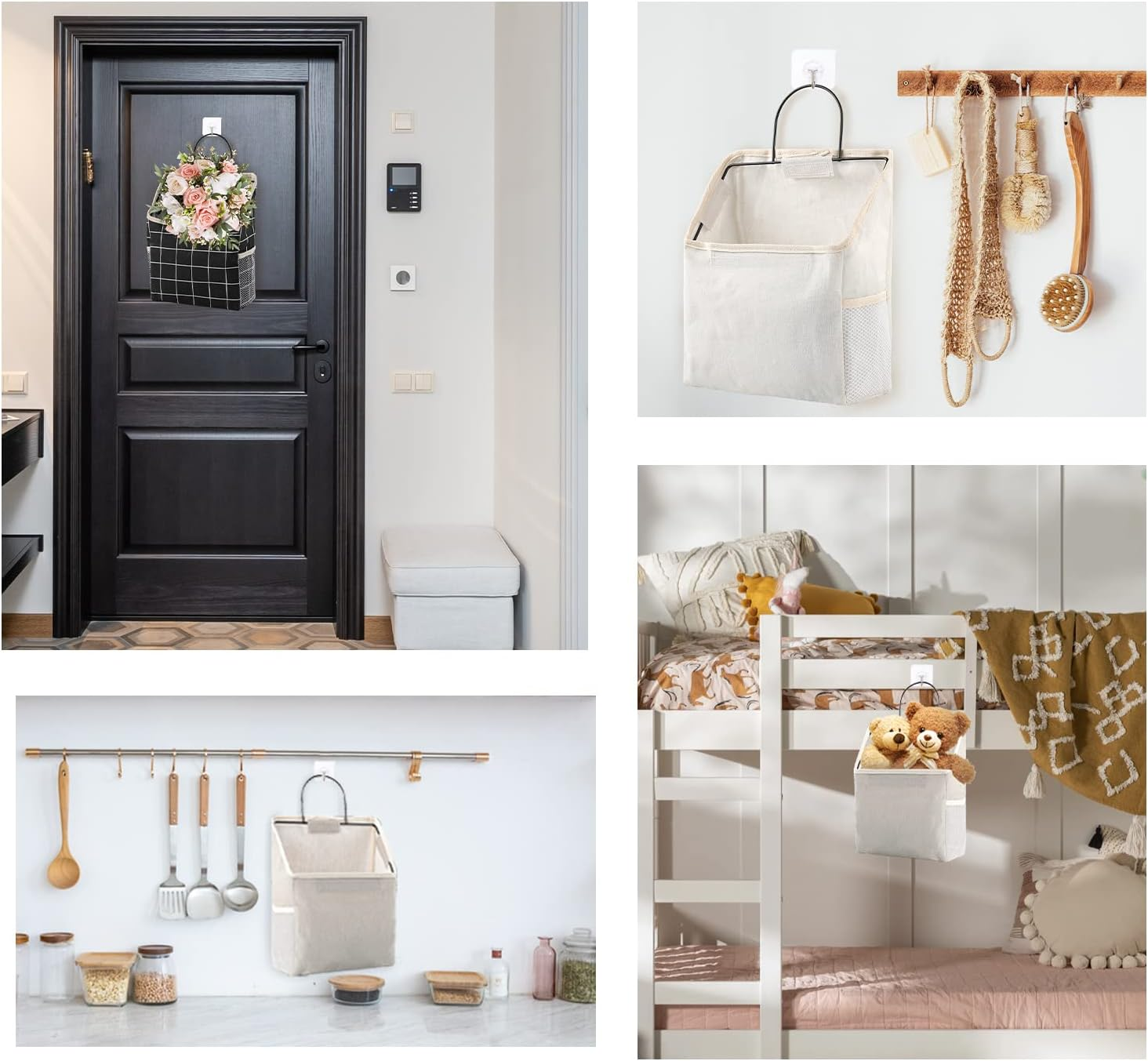 Surblue Wall Hanging Storage Bag with Sticky Hook, Closet Hanging Storage for Pocket, Bathroom Dormitory Organizer Bag, Linen Cotton Organizer Box Containers for Bedroom(Black) image number 3