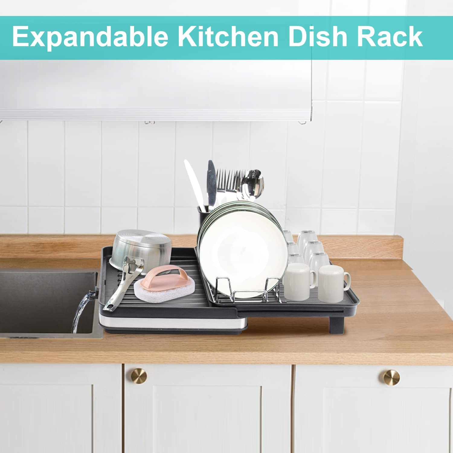 Dish Drying Rack Stainless-Steel Dish Sink Storage Rack with Movable Cutlery Drainer and Utensils Holder, 30CM - 51CM Expandable Dish Drainers for Kitchen Counter with Drain Spout image number 2