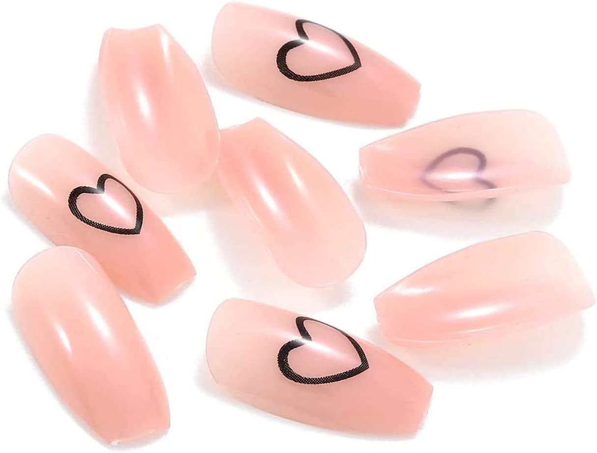 Nude Pink Heart Press on Nails 24PCS Glossy Full Cover Medium Coffin Artificial Fake Nail Love Style Design Nails for Women and Girls Party Salon image number 5