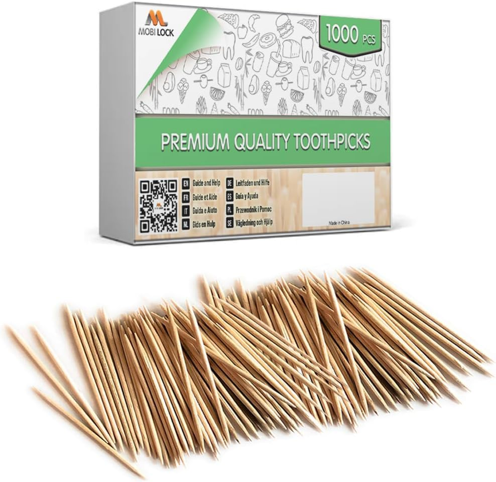 1000 Pieces Premium Bamboo Wooden Toothpicks - for Personal Hygiene, Disposable Appetizer Skewers, Cocktail Sticks or Arts & Crafts - by Mobi Lock